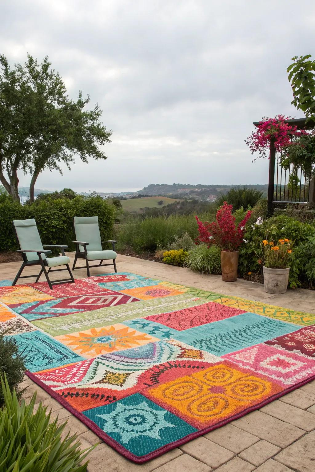 A vibrant outdoor rug brightening up a simple patio seating arrangement.