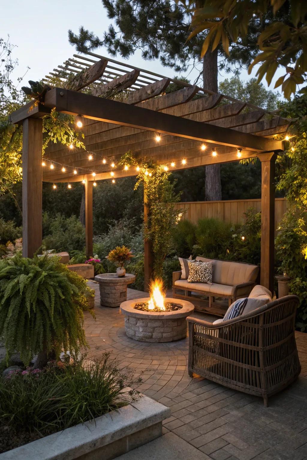A pergola adds beauty and function to your fire pit area.
