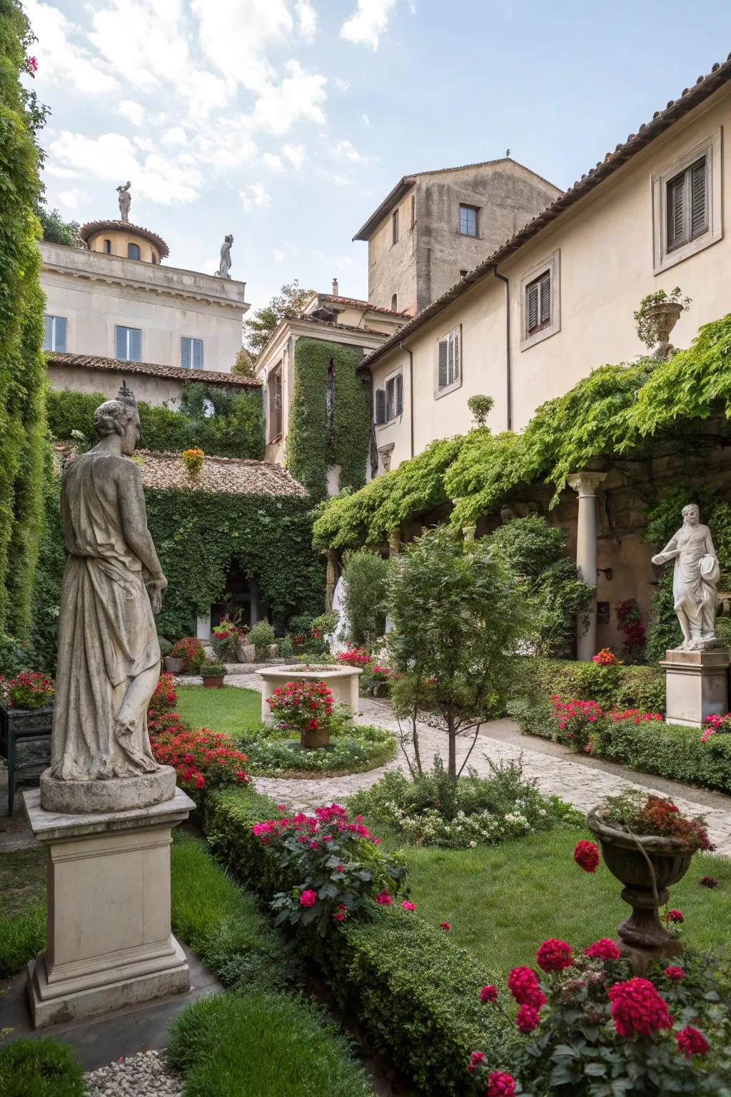 This Italian courtyard features classical sculptures that add artistic charm.