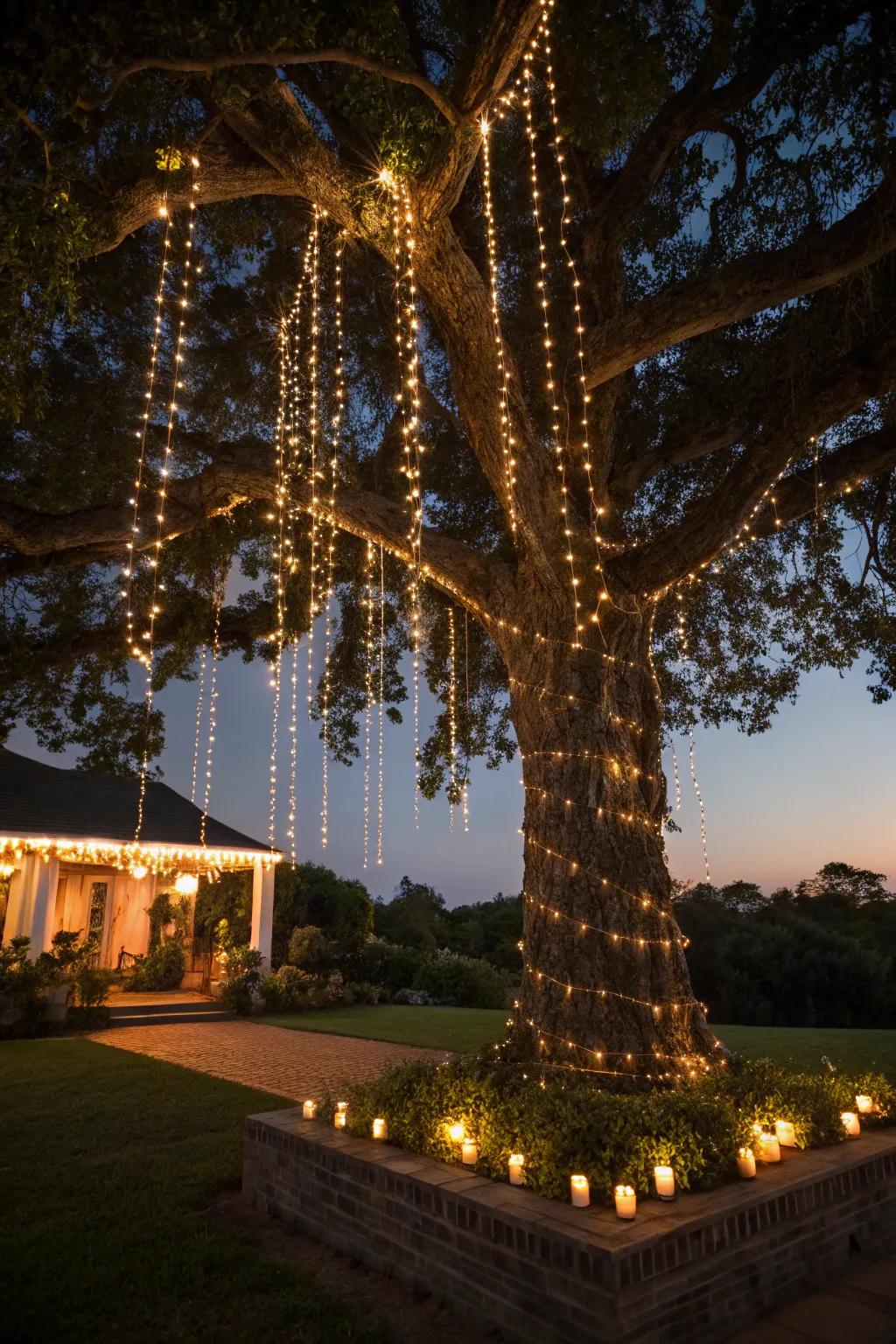 Cascading lights convert trees into captivating garden features.