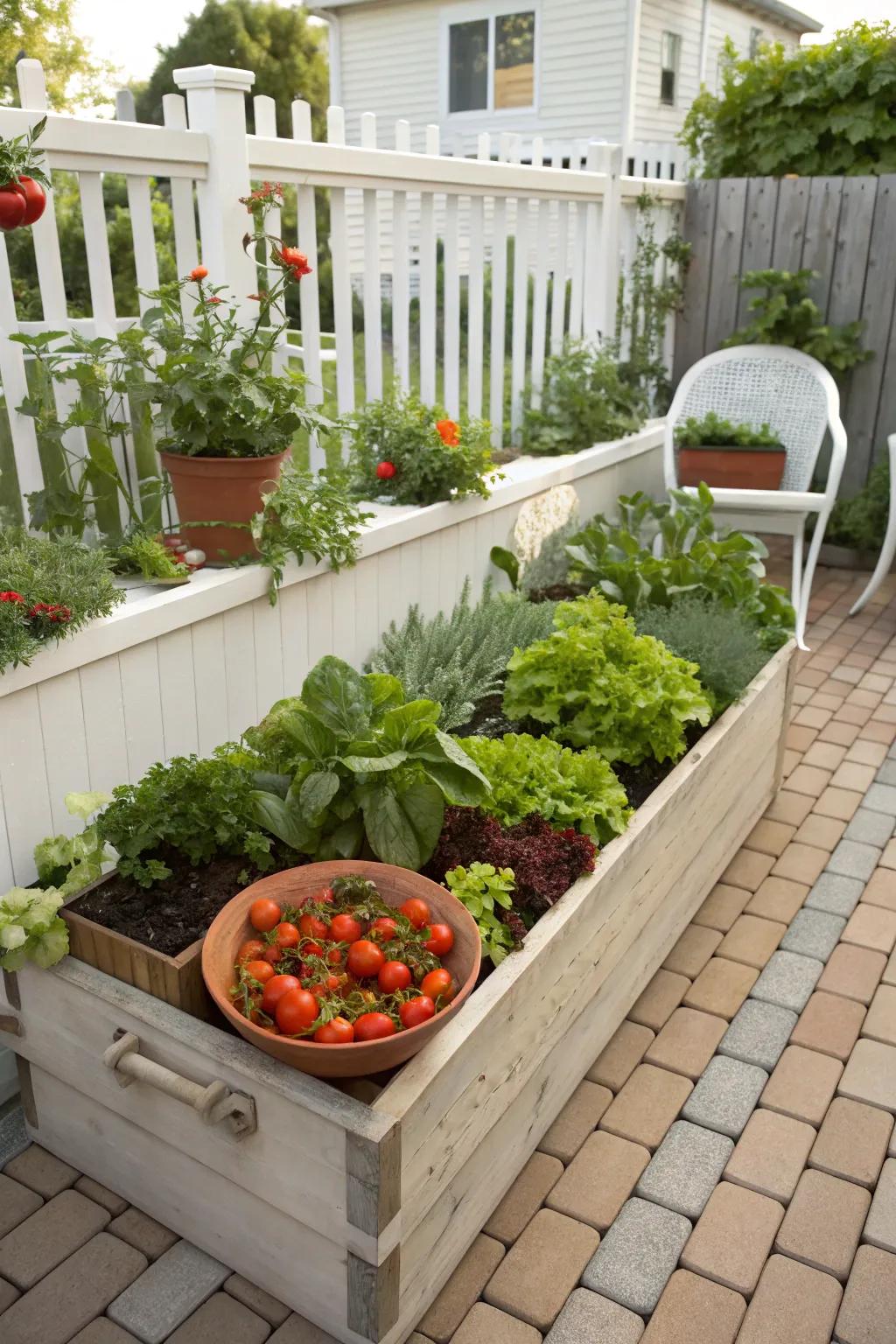 A neatly arranged raised bed teeming with vegetables.