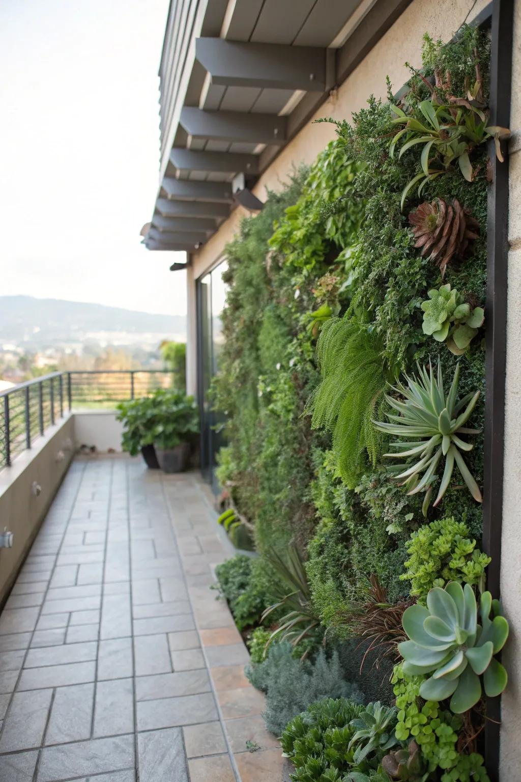 A vibrant vertical garden transforms a patio wall into a masterpiece of nature.