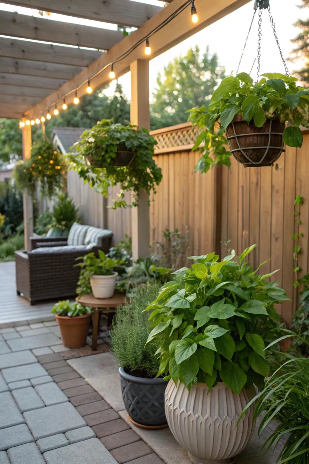 Abundant foliage making the patio feel vibrant and welcoming.