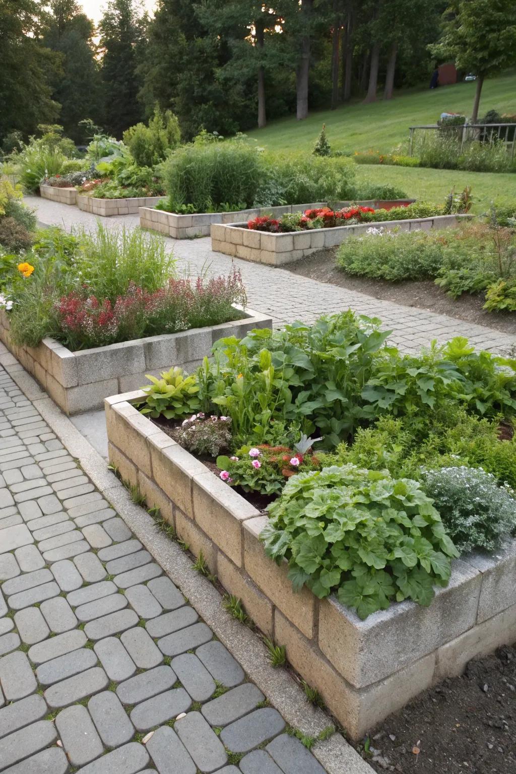 Elevated paver flower beds contribute to the depth of your garden&rsquo;s presentation.