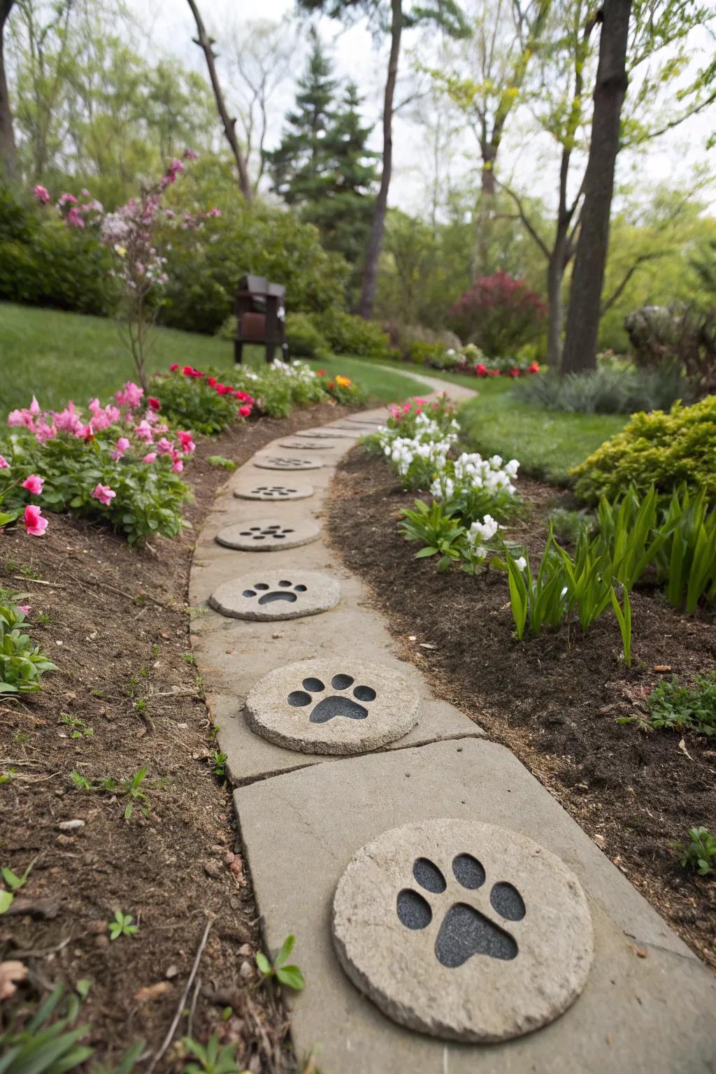 Customized paw print stepping stones in a garden setting.
