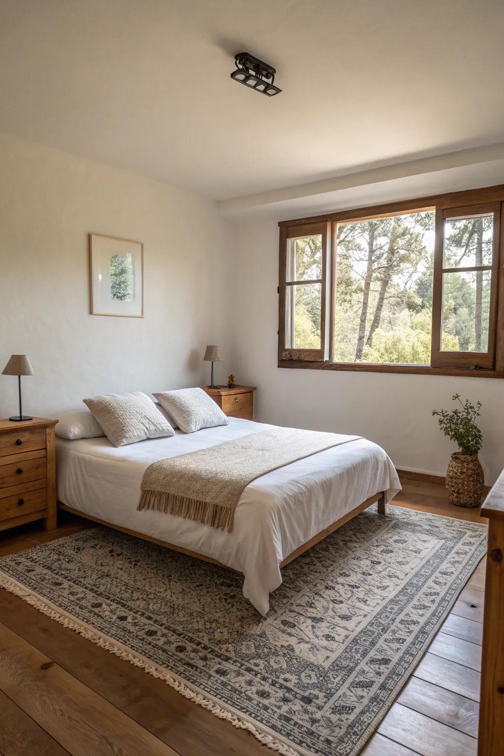 A minimalist bedroom featuring simple decorations, emphasizing open space and tranquility.