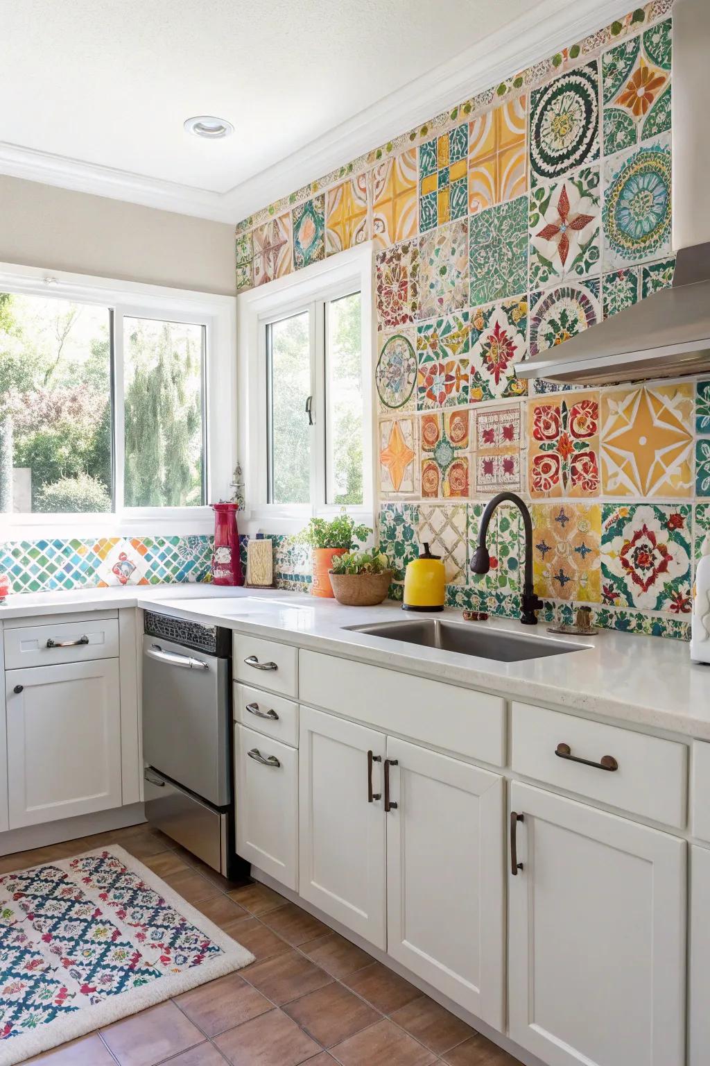 Add personality to your kitchen with a colorful wallpaper backsplash.