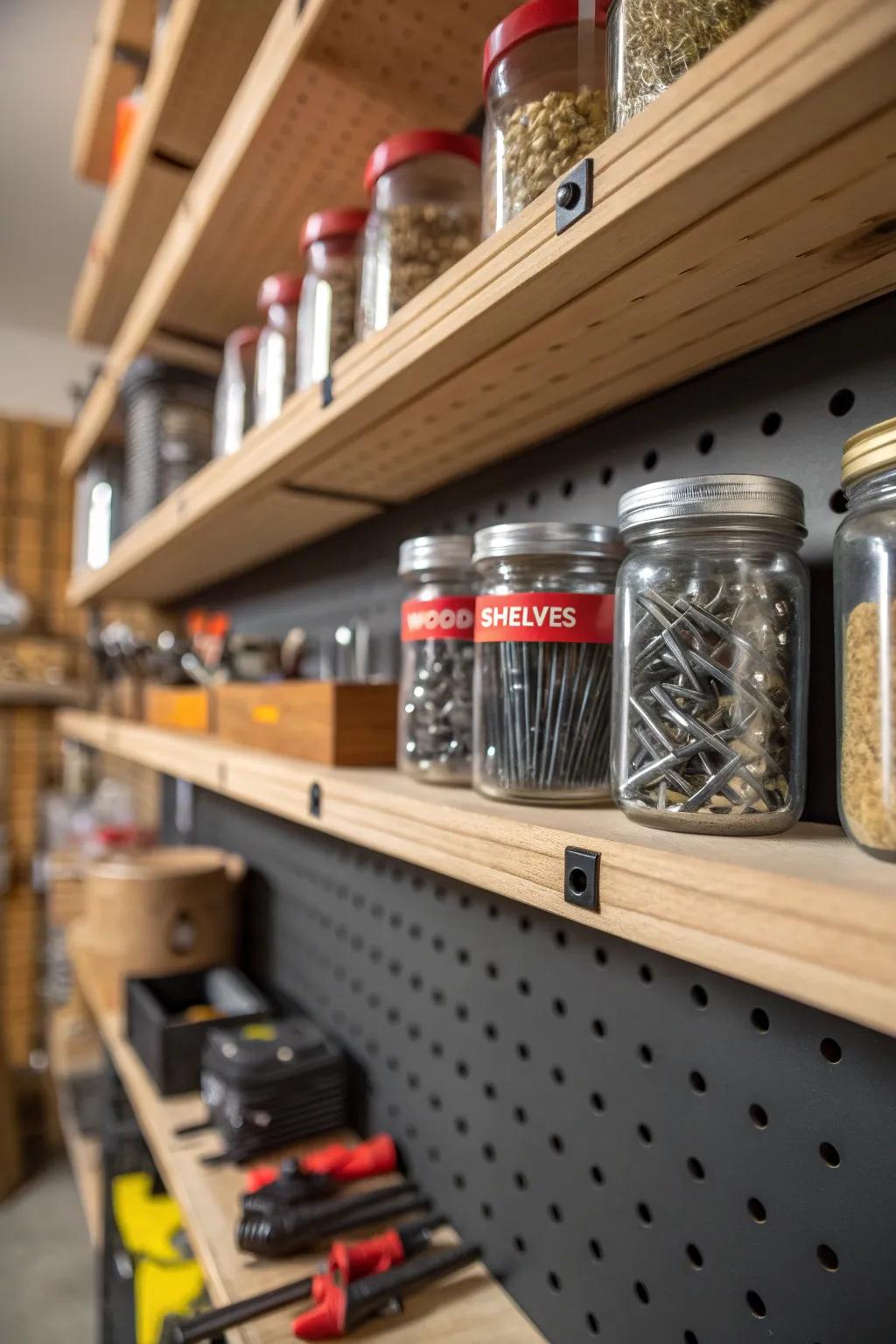 Enhance your garage with elegant, adaptable display board shelving, perfectly combining function and style.