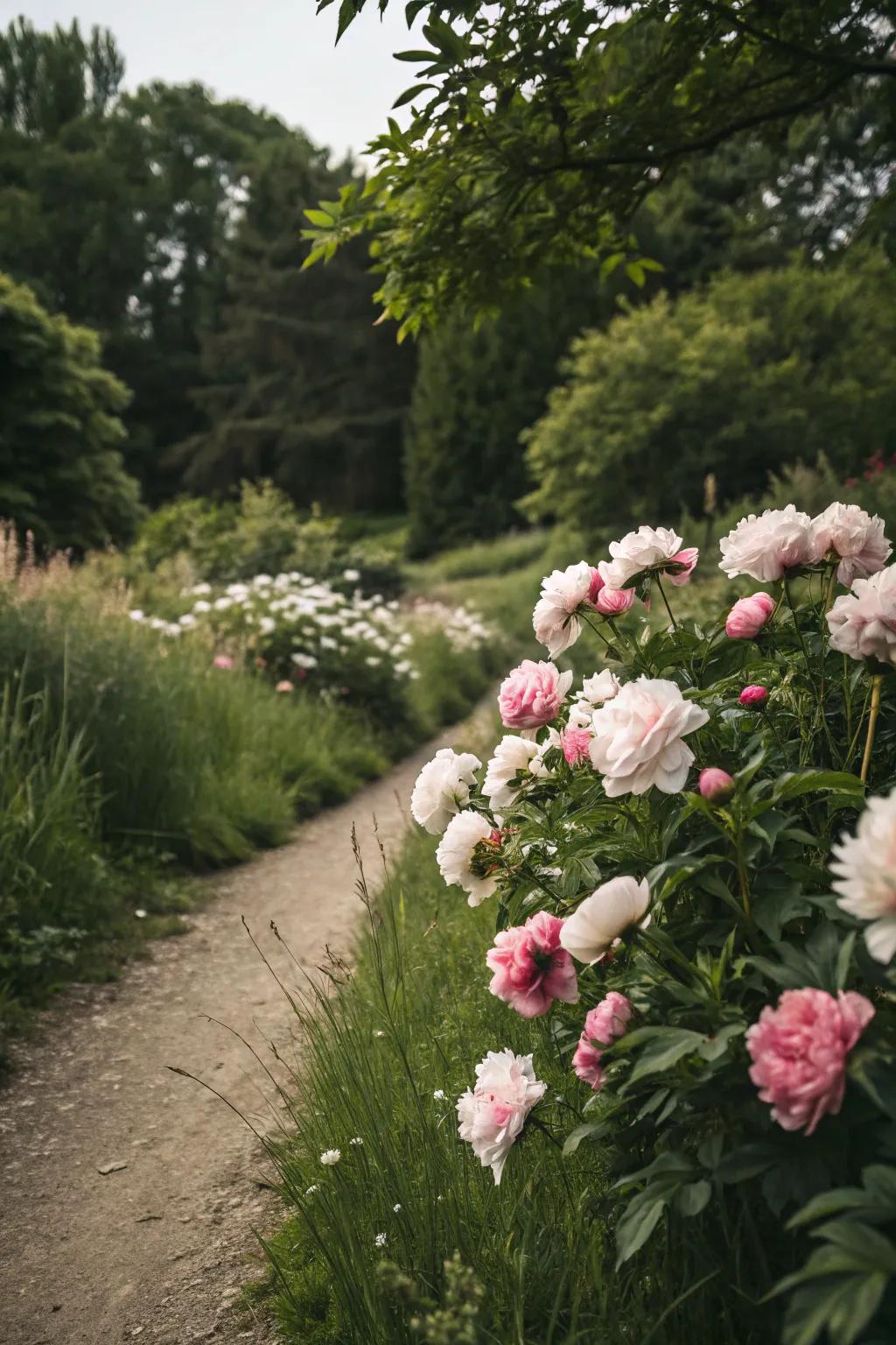 Peonies enhancing a natural garden path with their beauty.