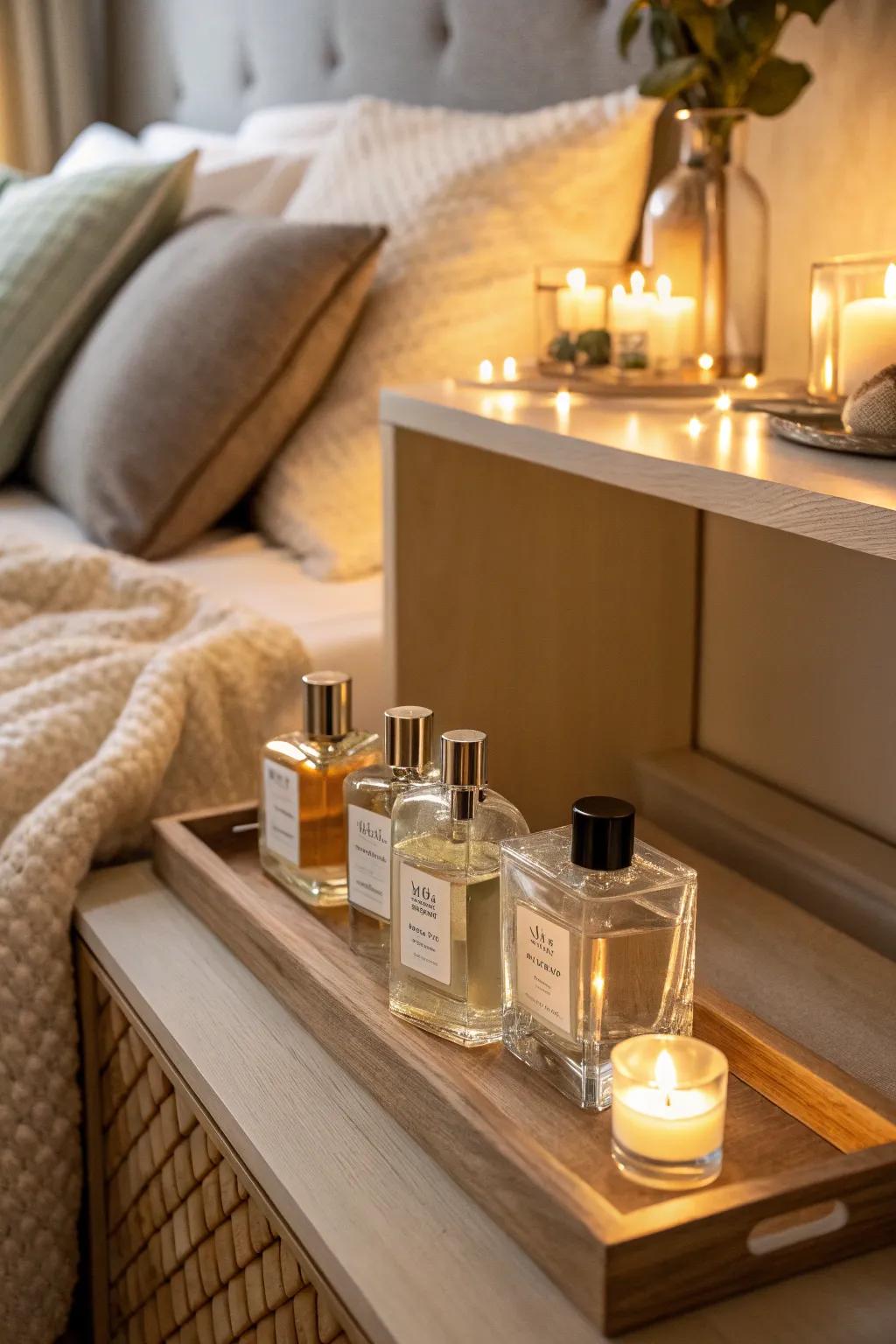 Perfume bottles gently lit by soft lighting, creating an inviting and cozy setting.