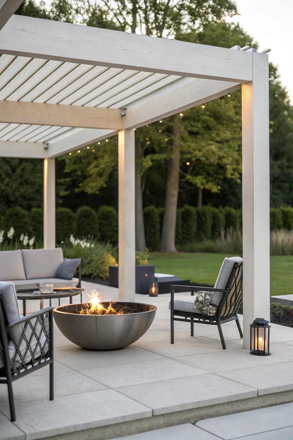 Simplicity harmonizes with style in a sleek uncluttered pergola fire pit.