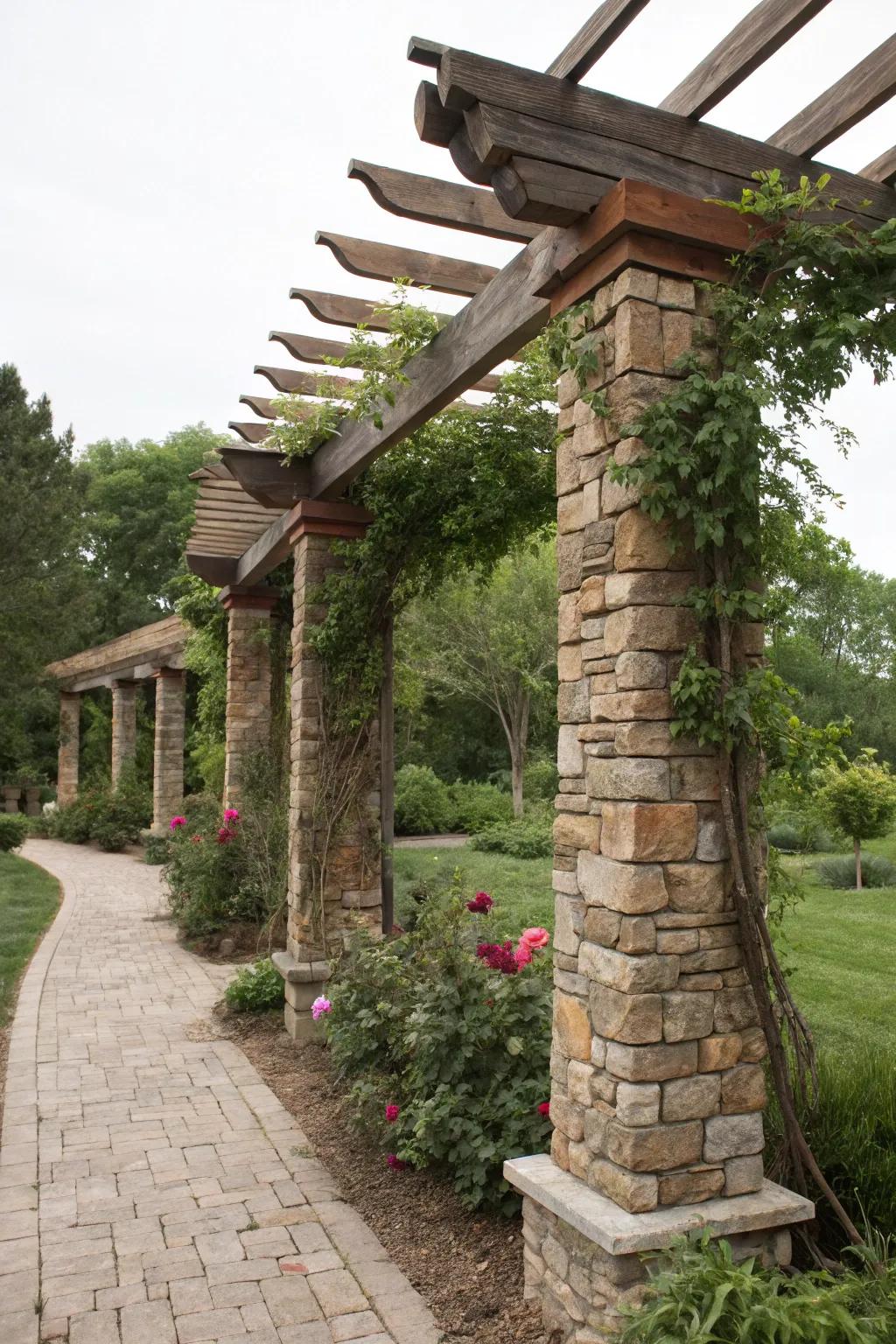 Artificial stone finishes bring an element of countryside charm to pergola supports.