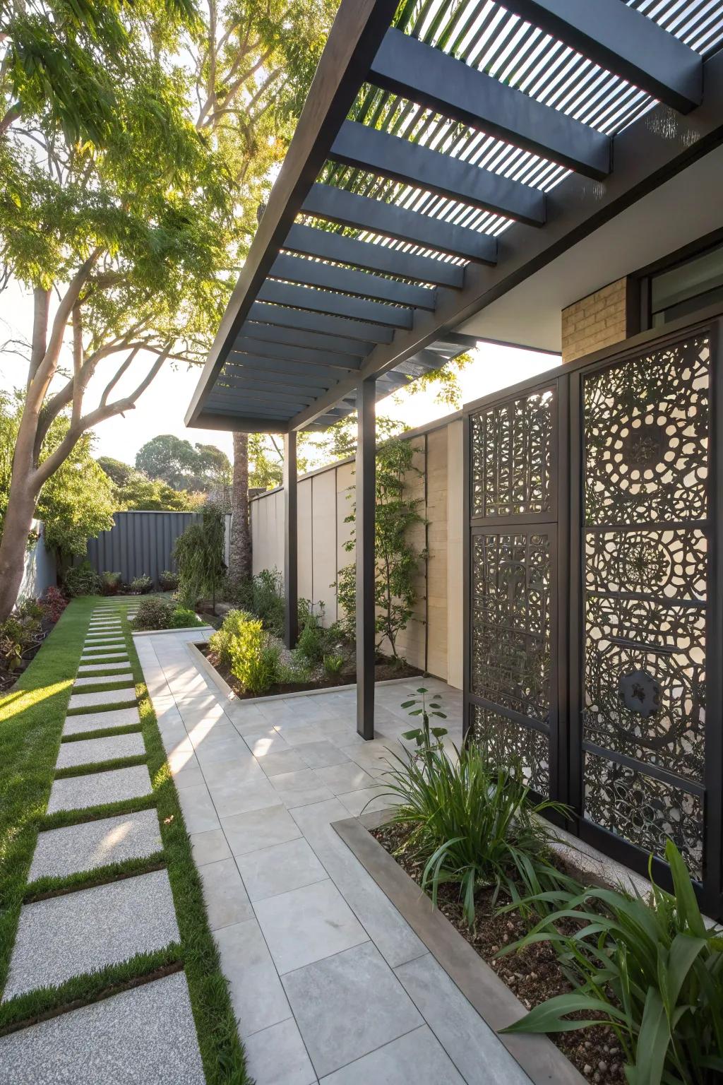 Metal screens add a sleek, artistic dimension to pergola spaces.