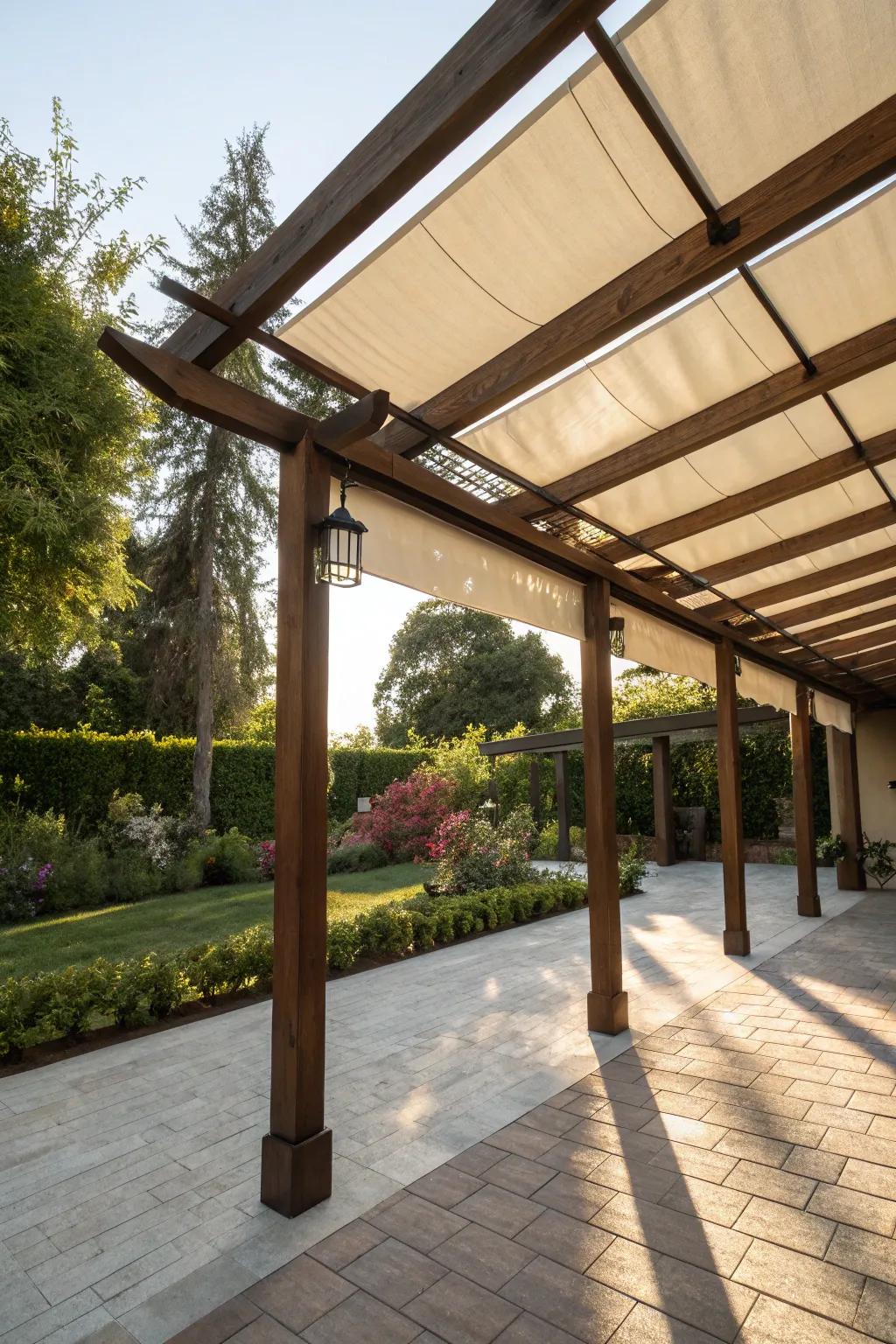 A retractable awning offers adaptable shading for any weather.