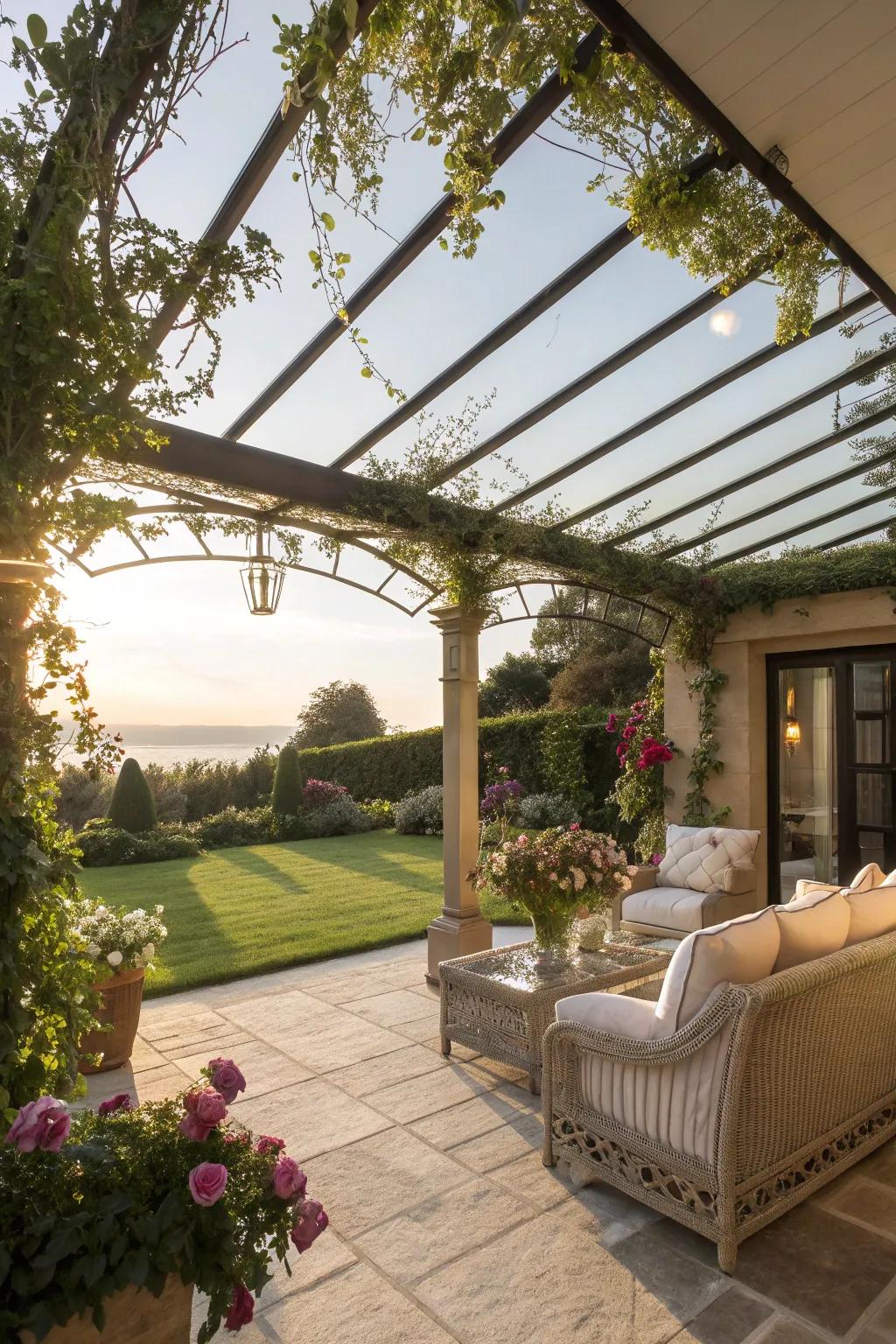 A glass pergola roof lets you enjoy natural light.
