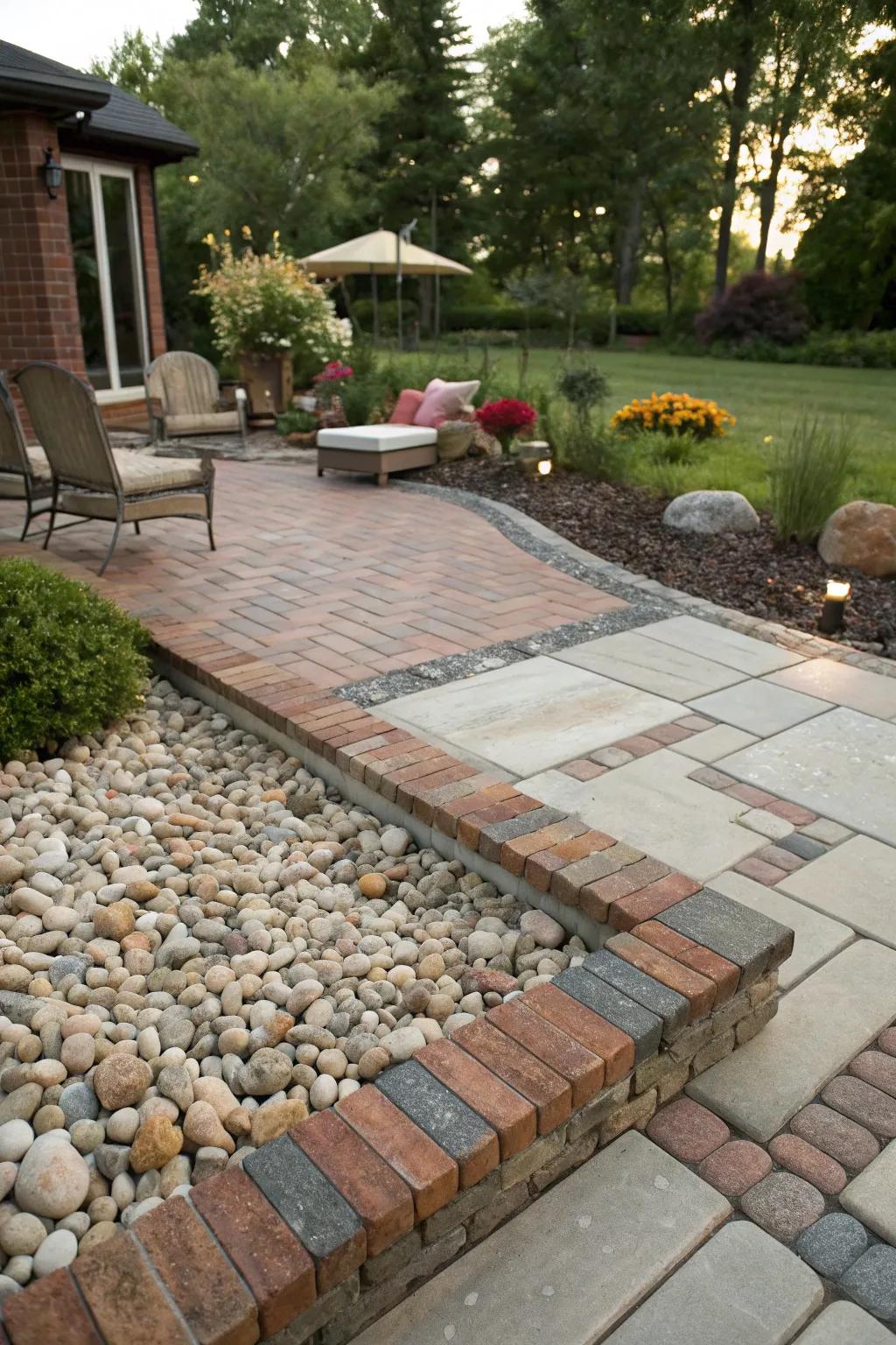 A lively assortment of materials forms a captivating and sustainable patio.
