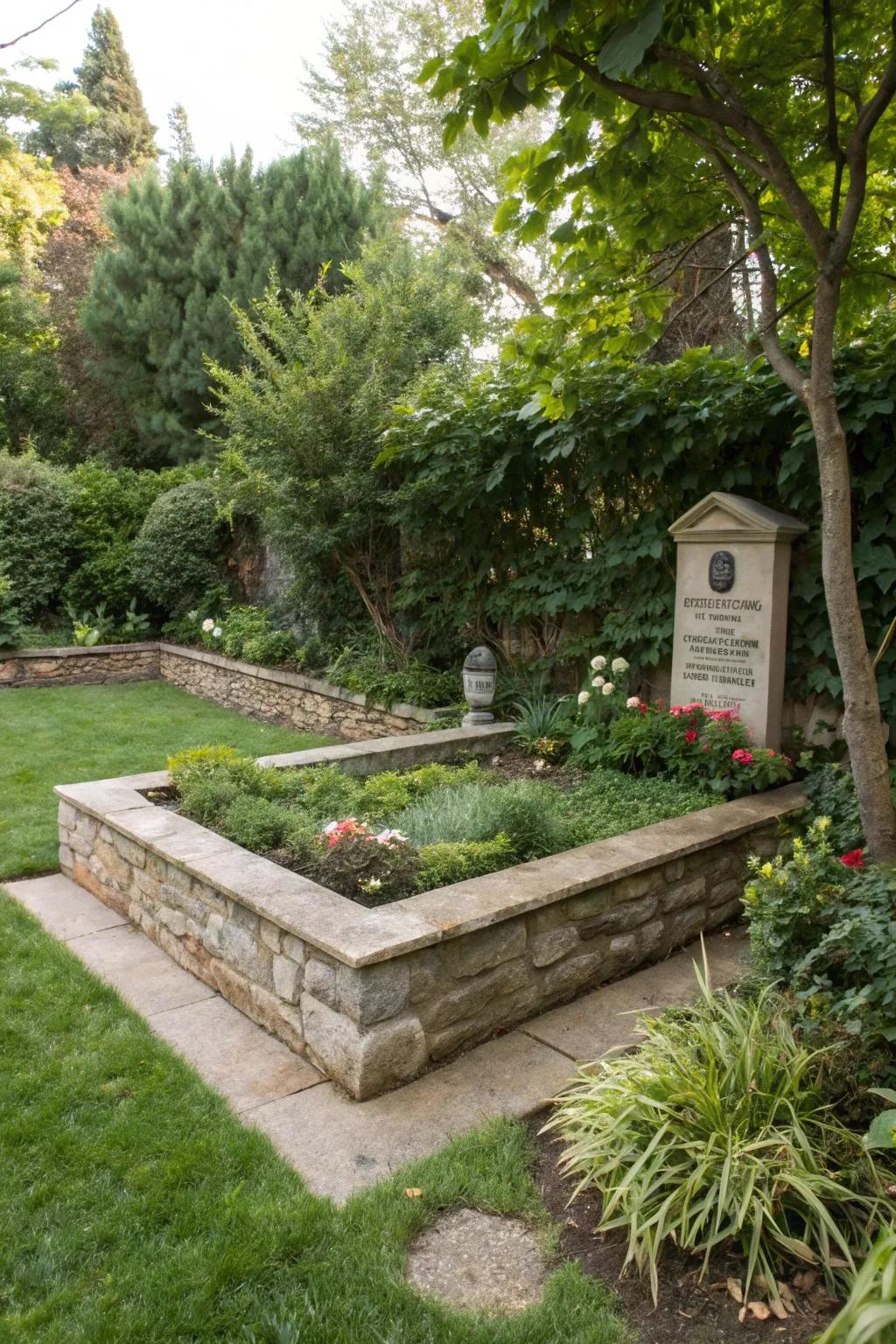 Stone borders elegantly outline the memorial area, adding structure and charm.
