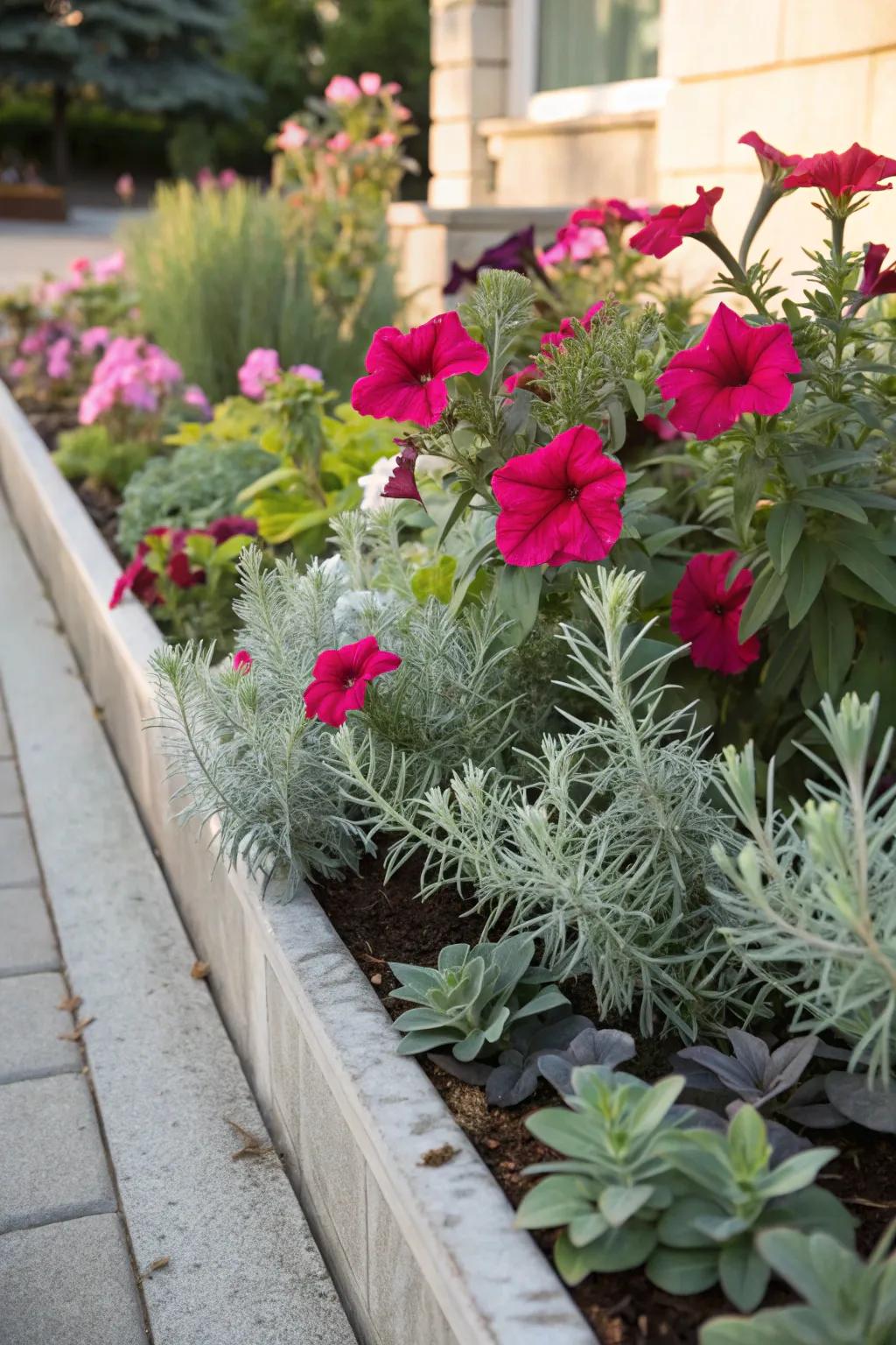 Glowmist contributes a delicate note to vivid petunias, resulting in a harmonious garden ambiance.