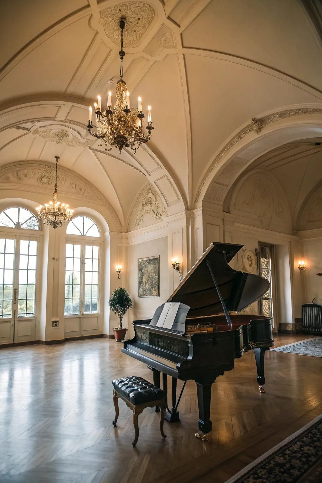 Tall ceilings add grandeur and improve acoustics in the piano room.