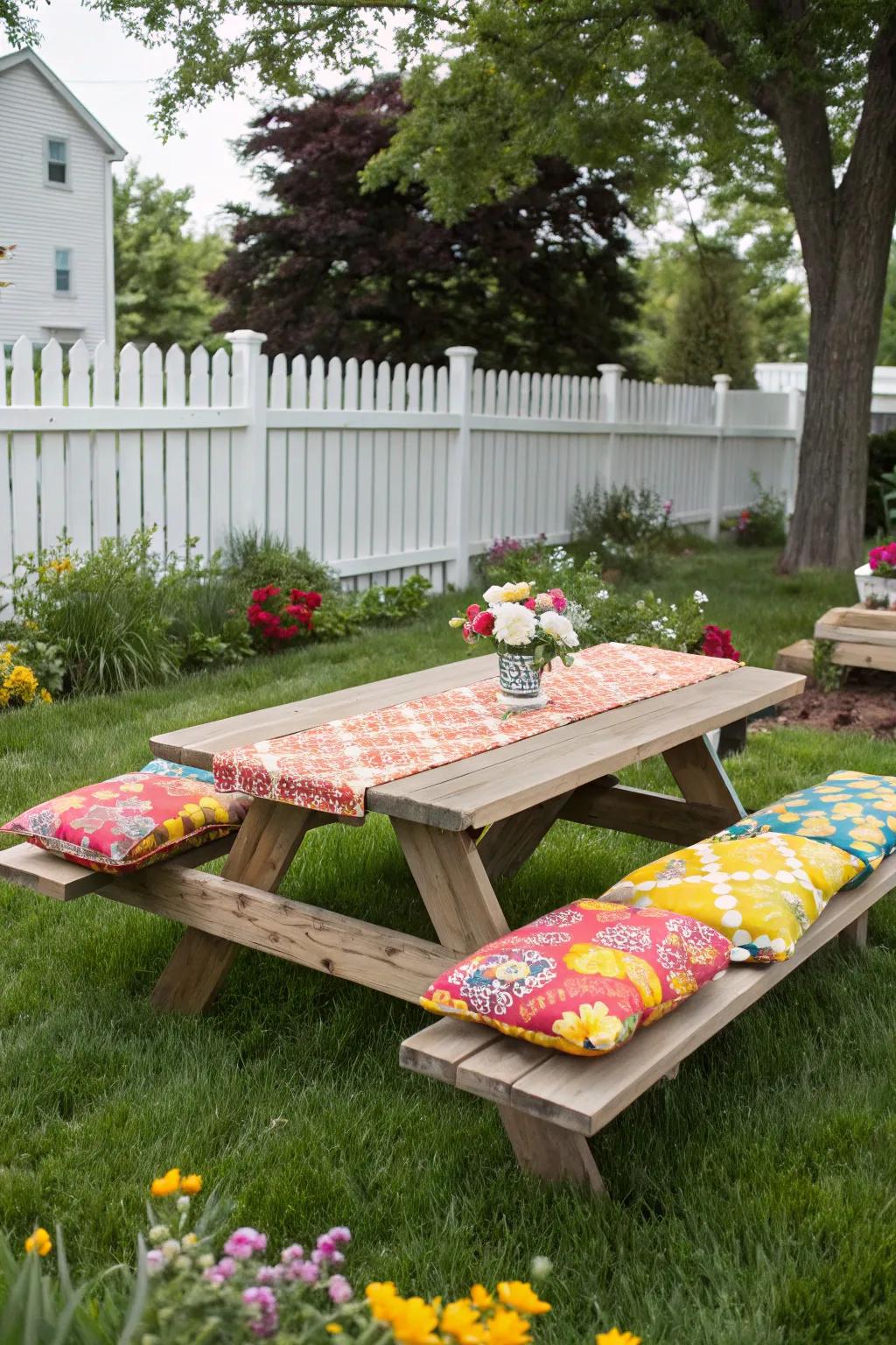 Vibrant cushions provide both comfort and visual appeal to this picnic table arrangement.