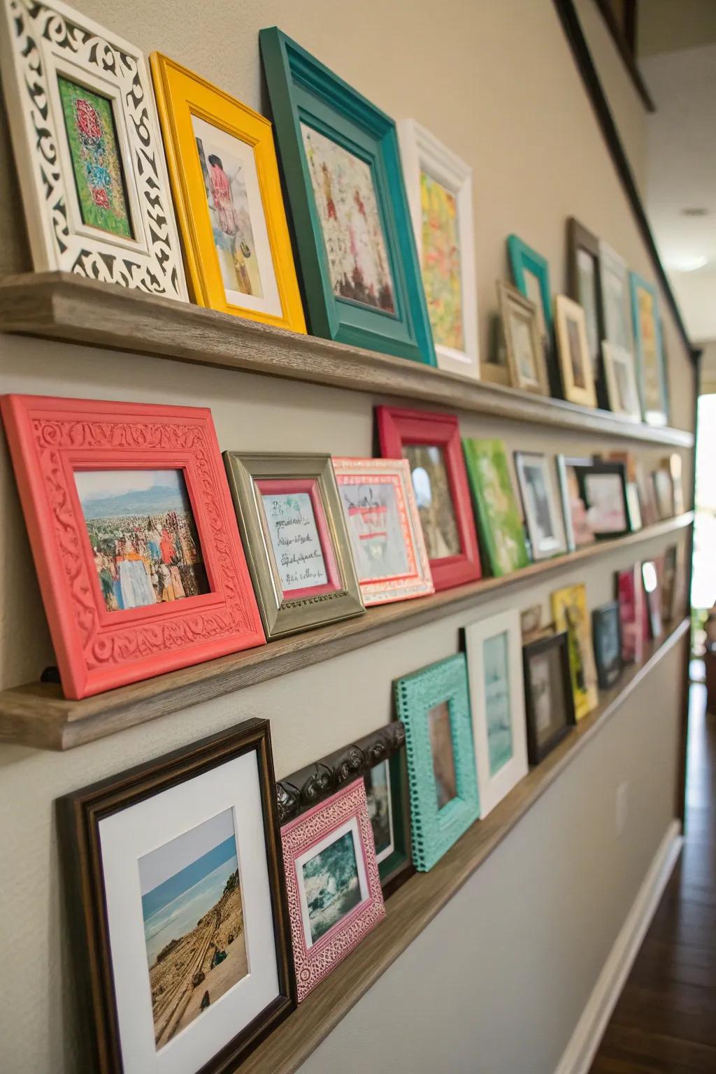 Experiment with frame sizes and colors for an energetic shelf display.