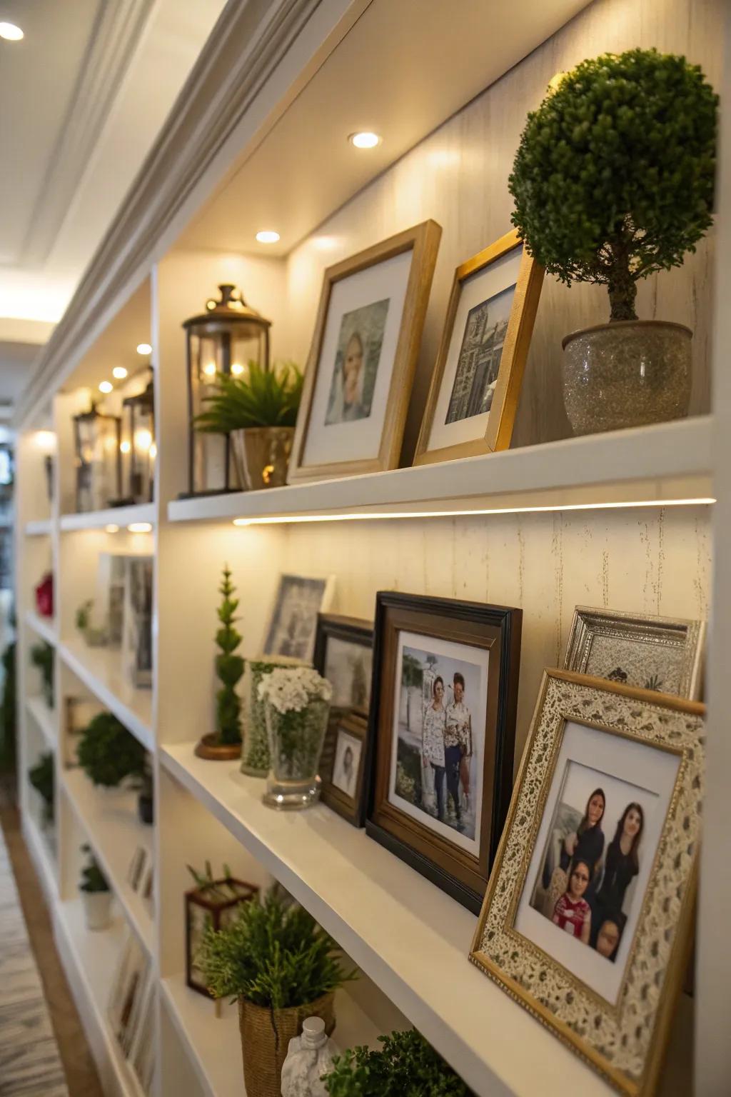 Picture shelf blending framed art with decorative items.