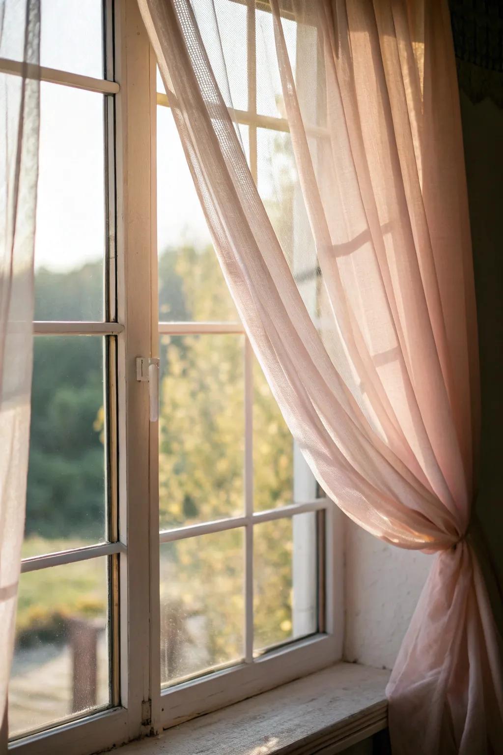 Picture window adorned with sheer curtains, creating a luminous and airy ambiance.