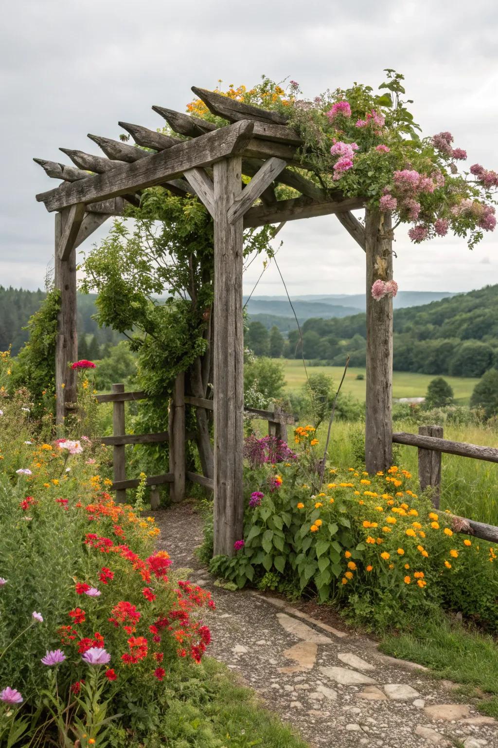 A country-style arbor introduces a hint of nostalgia to any garden.