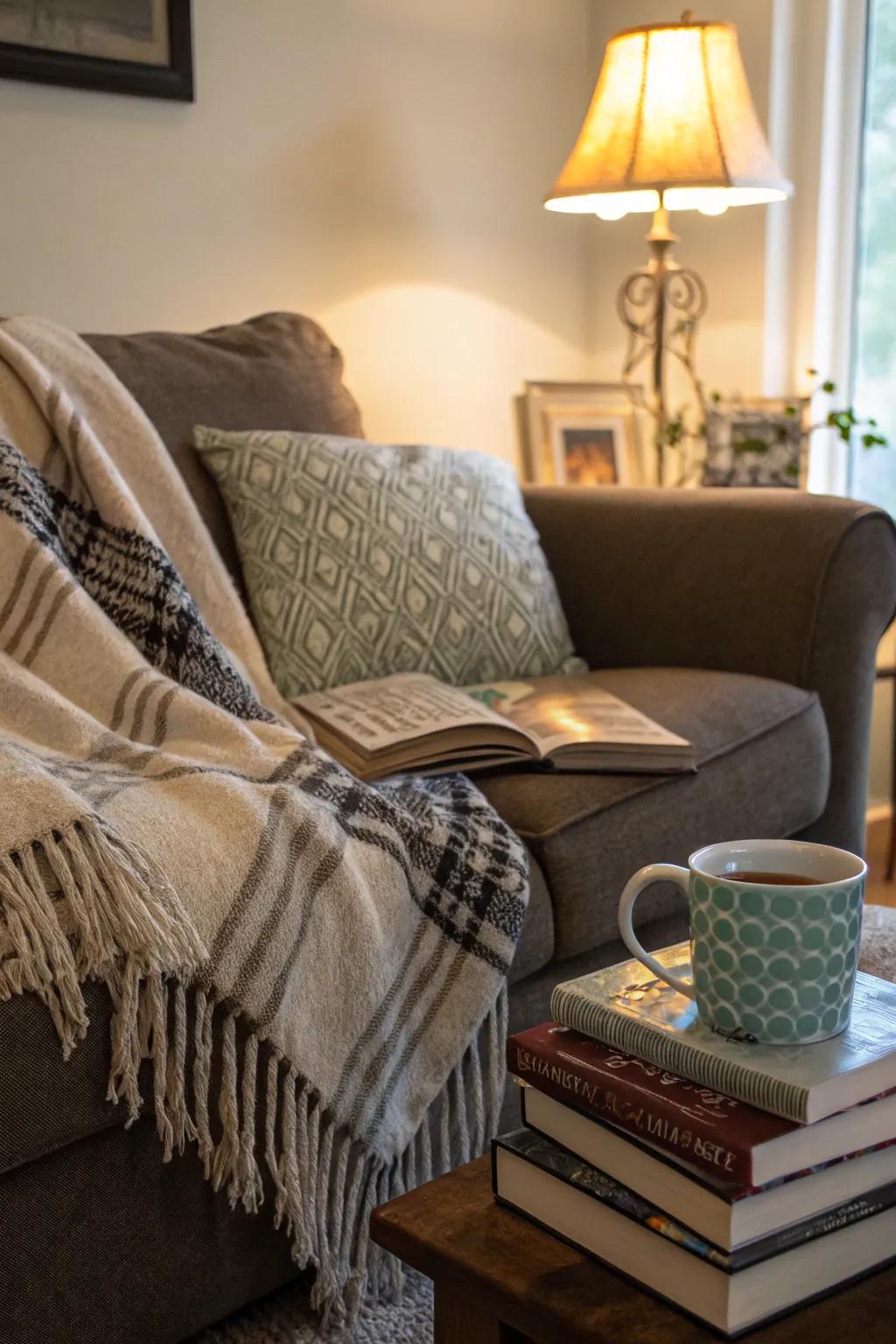 A cozy corner of a sofa with a throw elegantly cascading onto the seating surface.