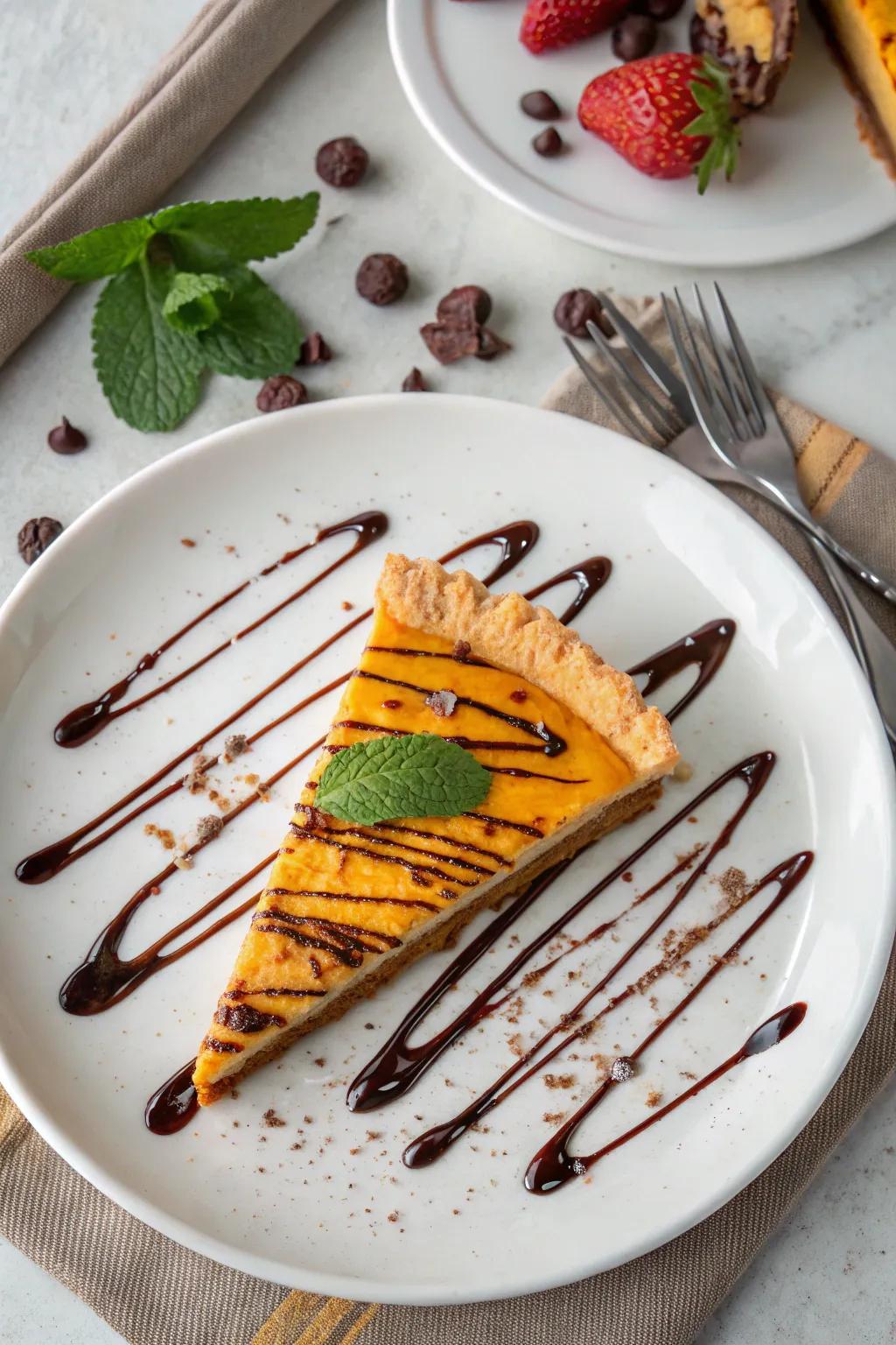 A pie slice enhanced with an artful chocolate drizzle.