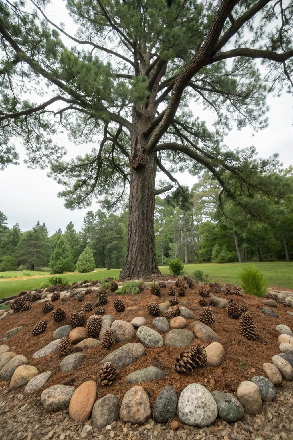 Pinecones enhance the natural ambiance around trees.