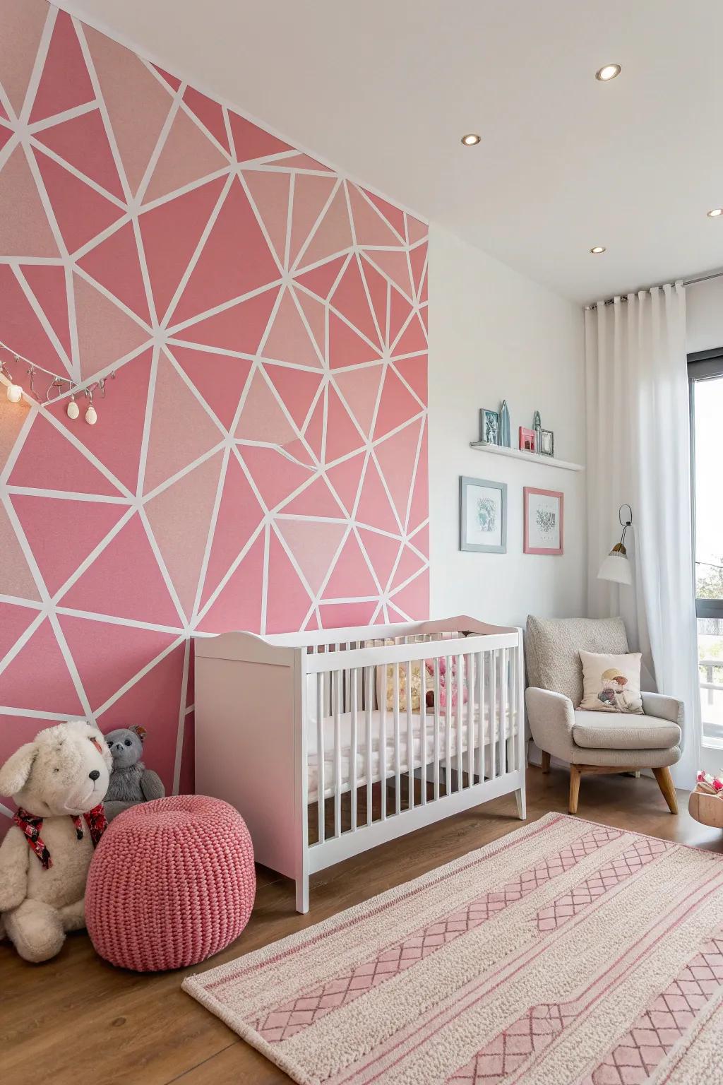 A stylish nursery that features a geometric pink focus wall, sparking curiosity and interest.