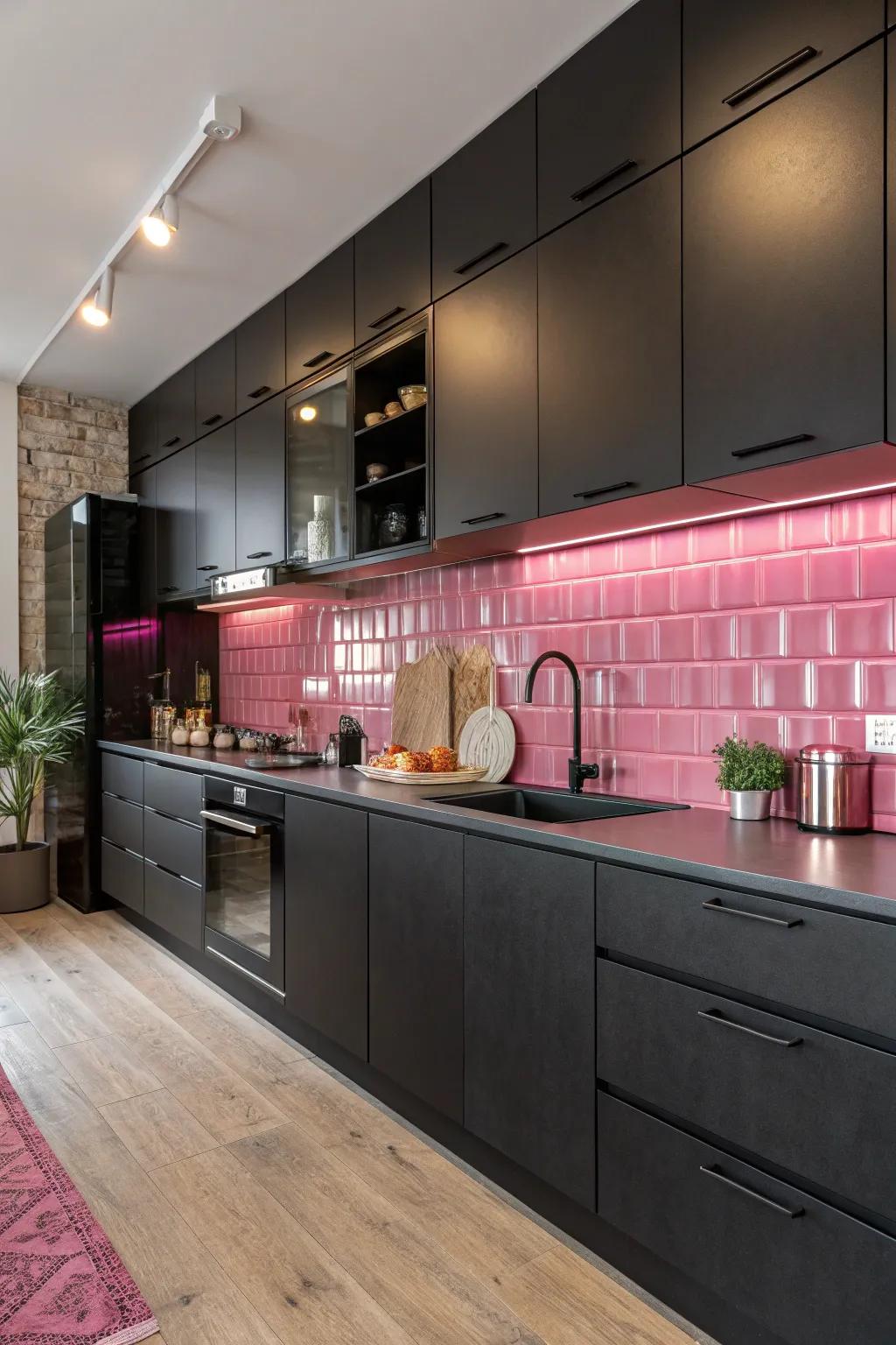 The combination of matte and glossy materials improves the kitchen's overall appeal.