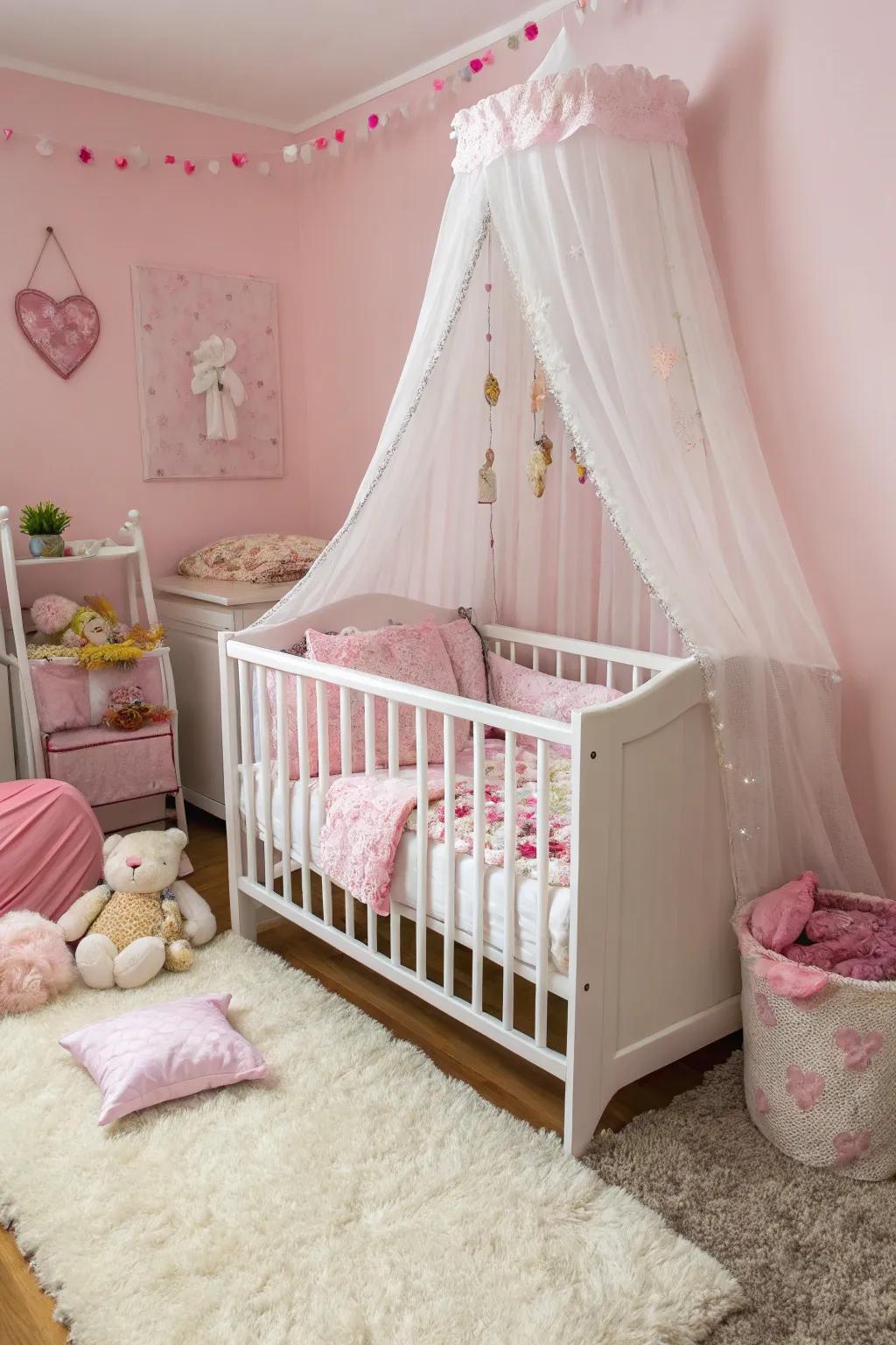 A white cot is a classic centerpiece in the nursery.