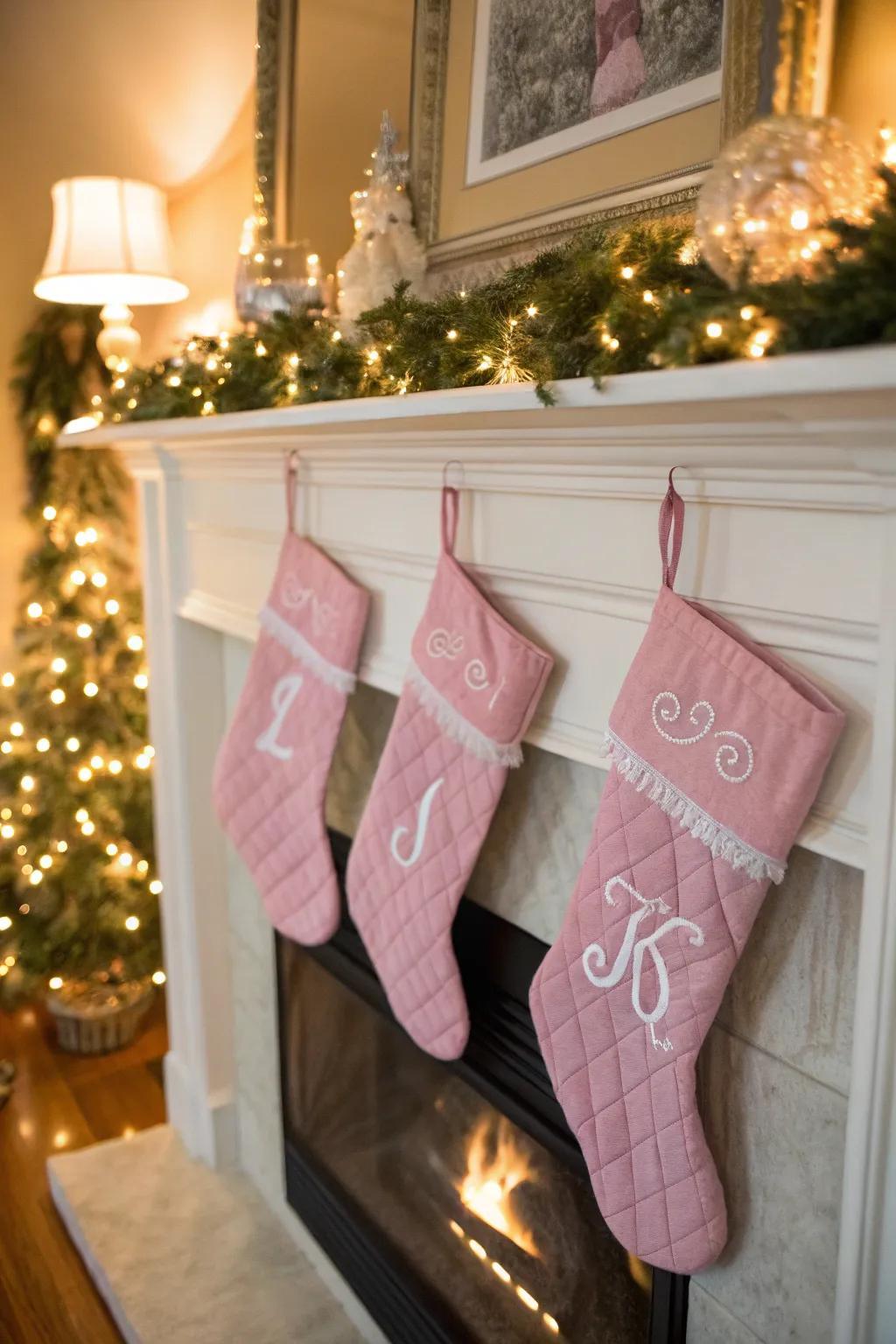 Personalized rose stockings spread joy on the mantelpiece.