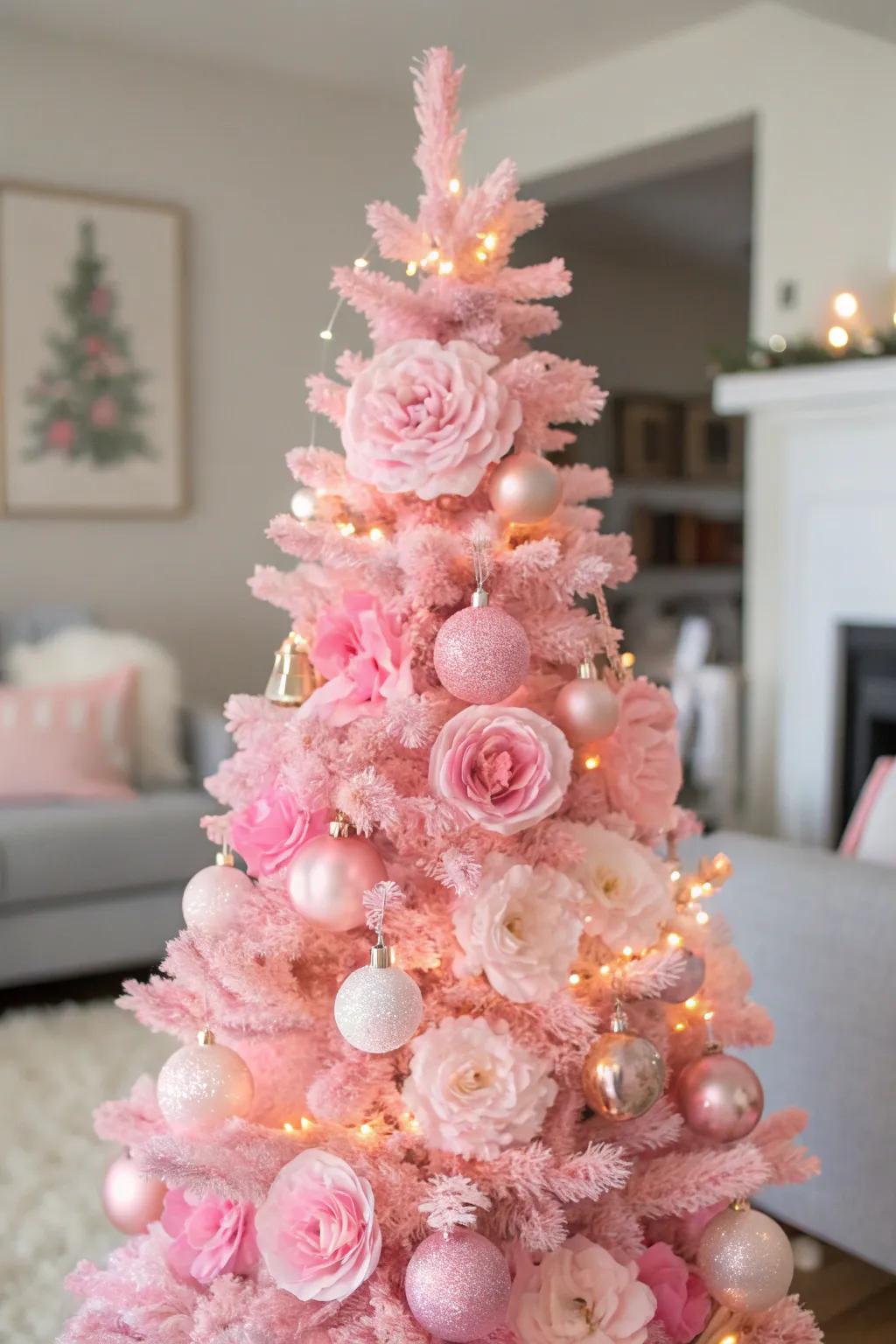 Floral ornaments transform this pink tree into a magical dreamland.
