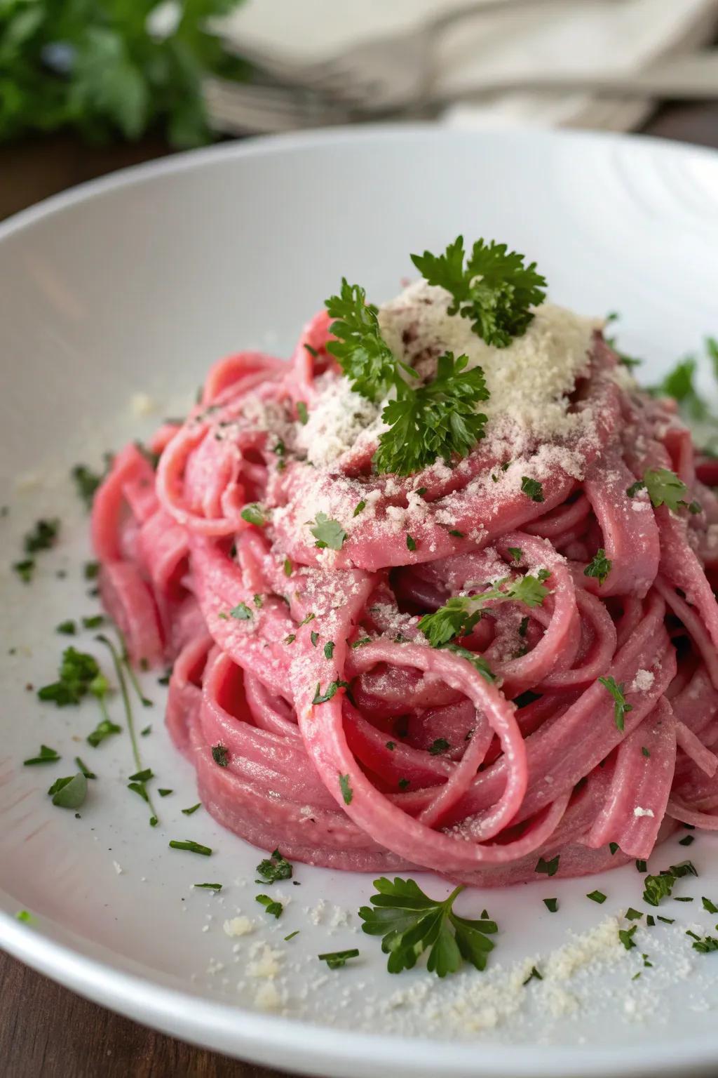Pink pasta carbonara offers a playful and colorful variation on a well-loved classic.