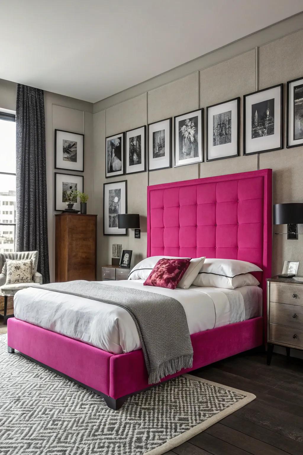 A bold and vibrant bedroom with a hot pink headboard as the focal point.