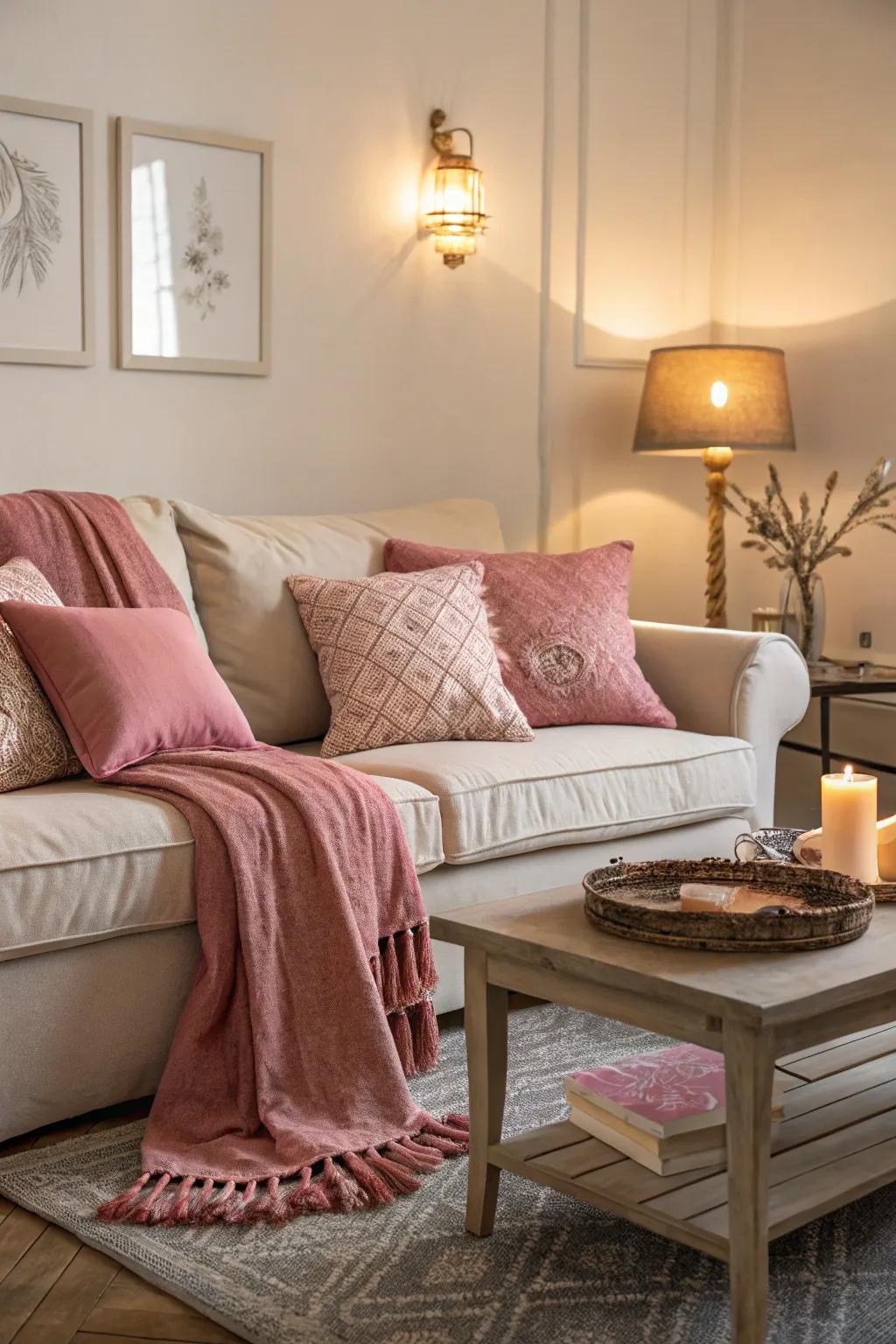 Rose pink accents create a cozy and inviting atmosphere.