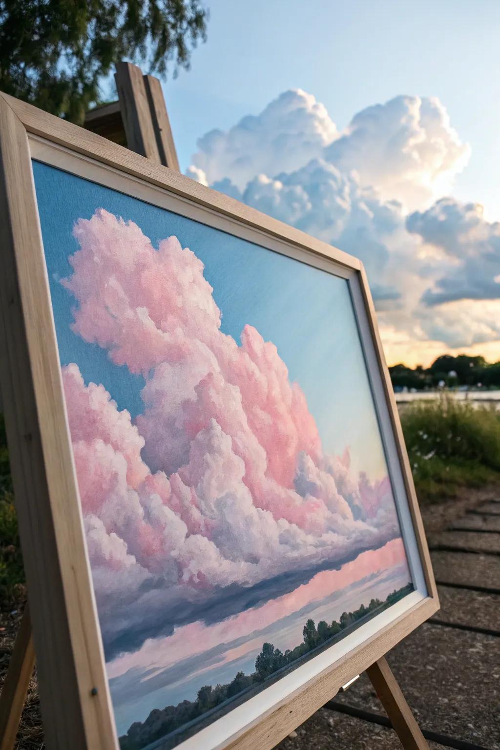A whimsical painting of light pink clouds.