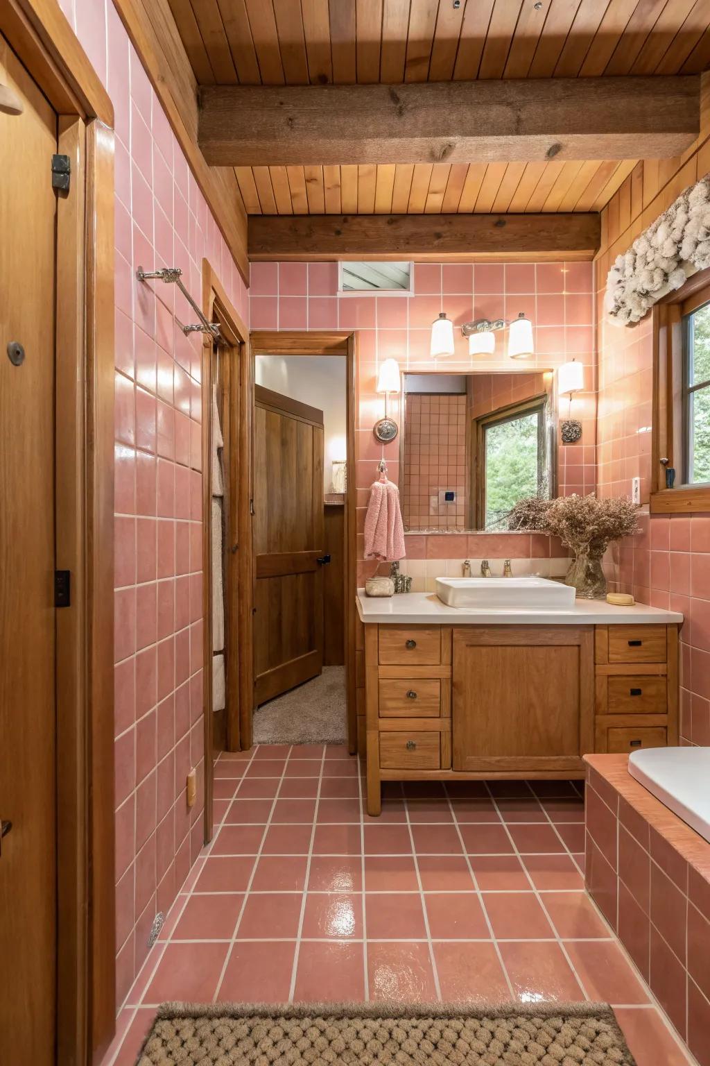 A balanced mix of rose-tinted tiles and wood accents in a bathroom.