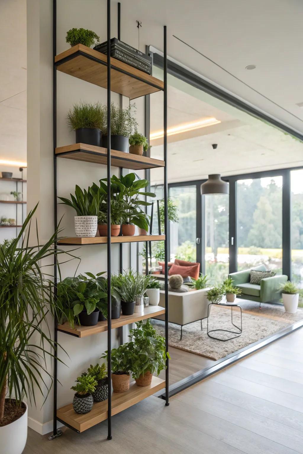 Floating shelves offer a modern plant display.