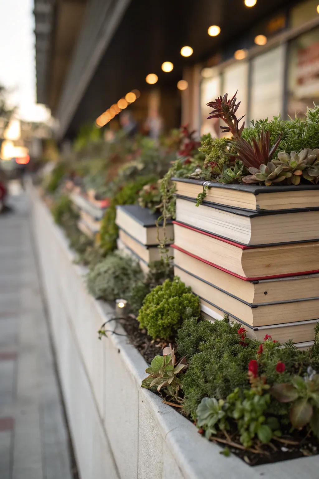 Books enhance textures and individual appeal to this greenery ledge.