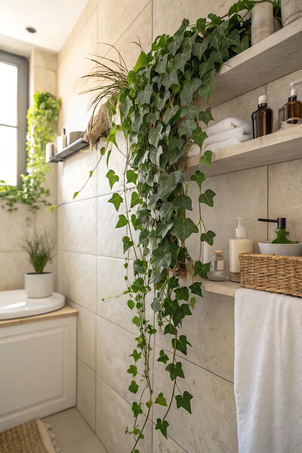 Vining plants add a touch of whimsy and nature to your bathroom space.