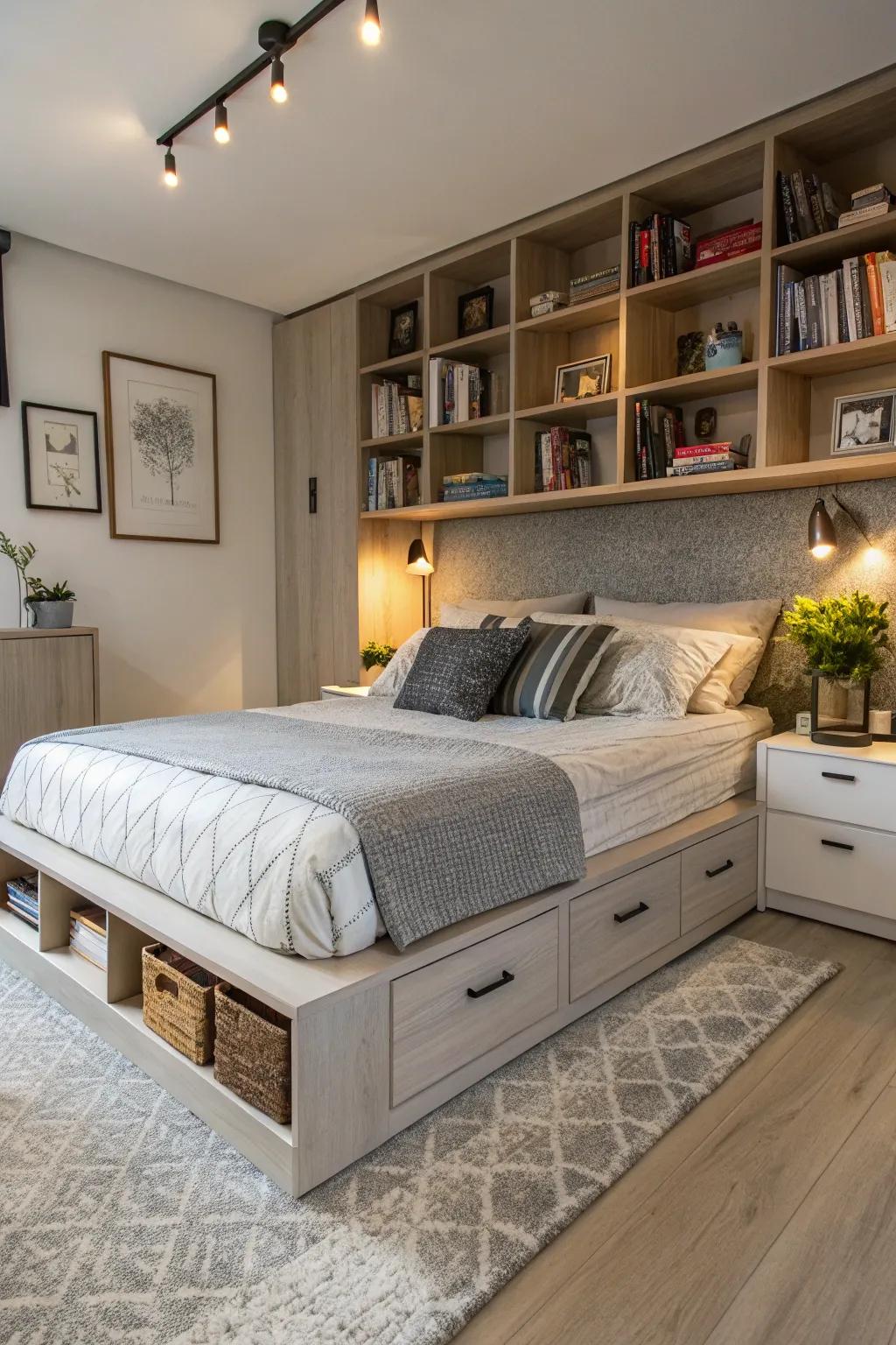 Integrated storage beds capitalize on space efficiency.