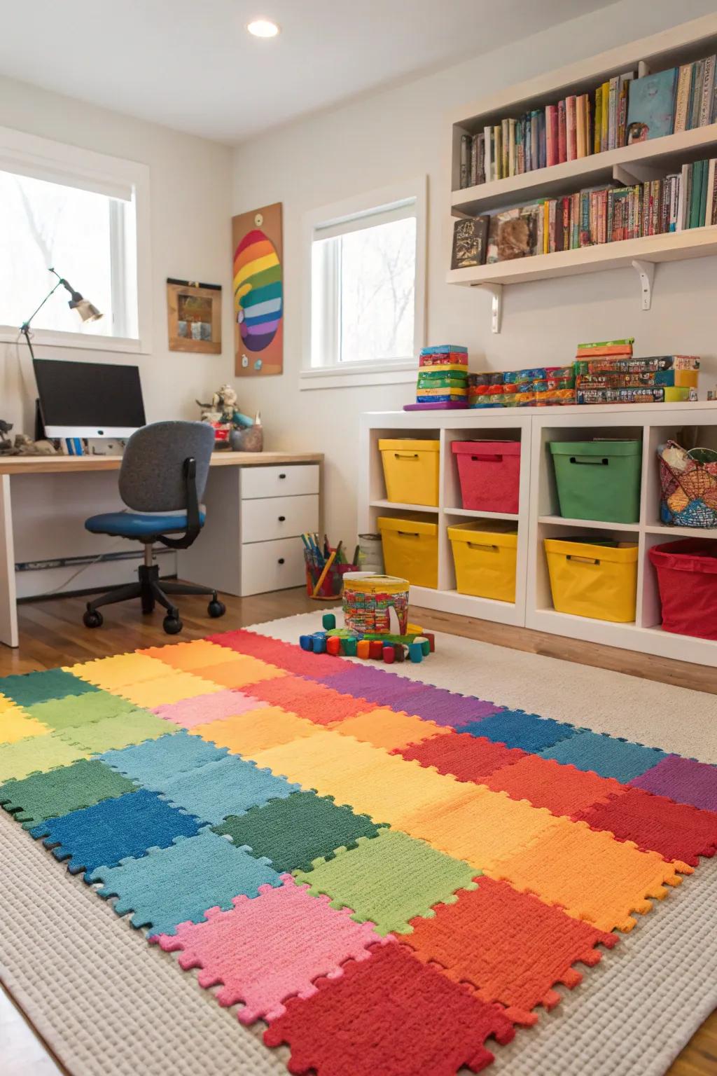 Floor coverings visually divide spaces.