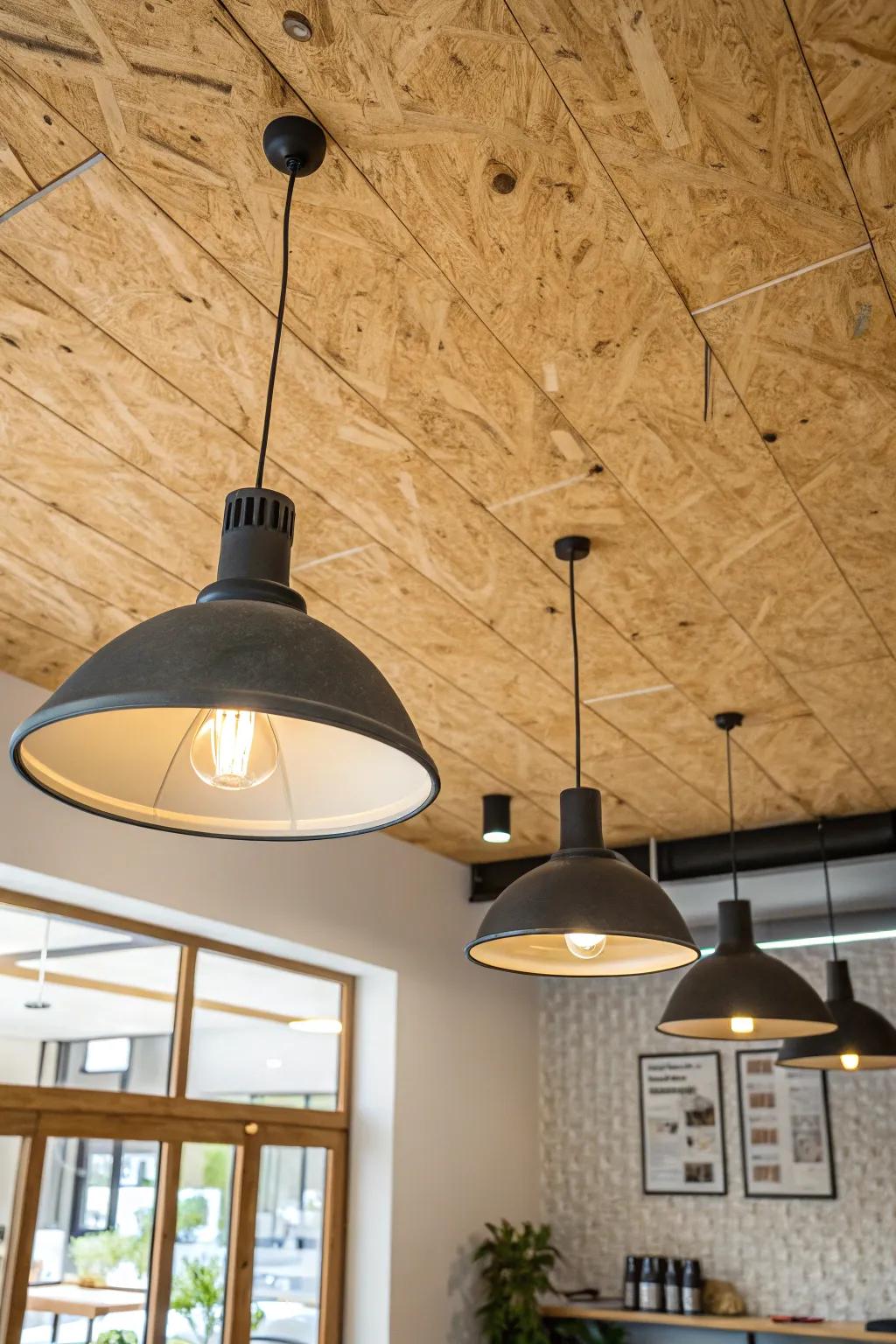 A laminated wood ceiling enhances both the aesthetic and sound quality in this area.