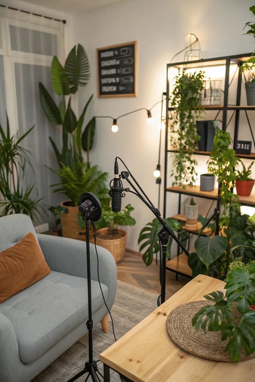 A podcast setup enhanced with plants.