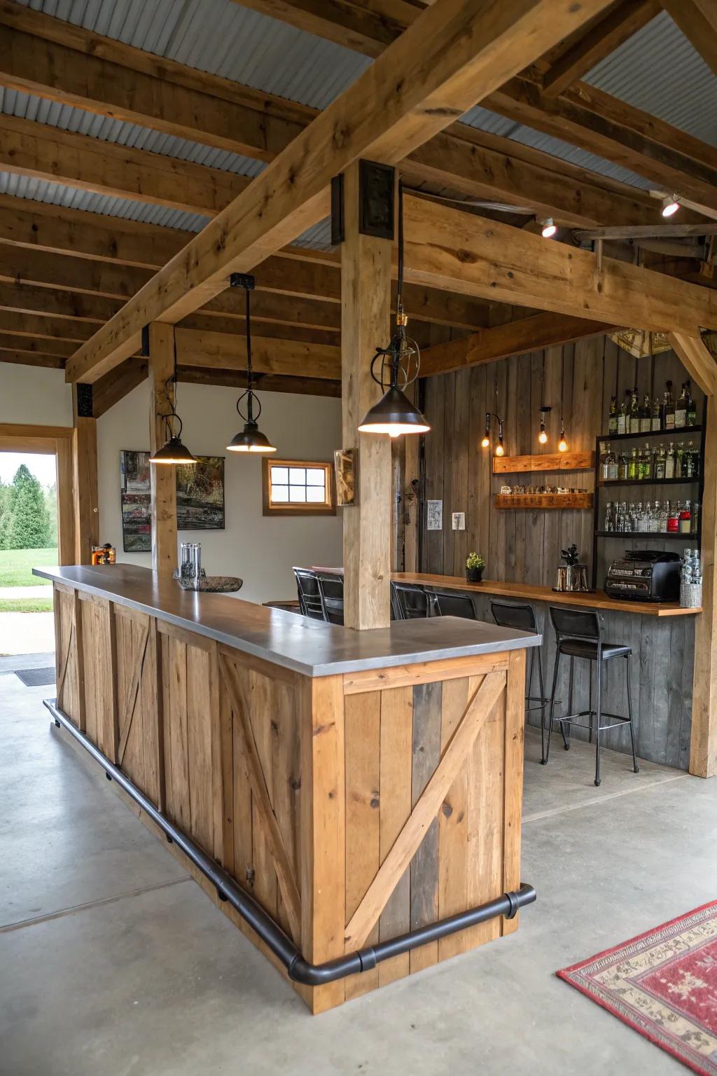 A country-style bar featured in a pole barn combining upcycled timber and modern features.