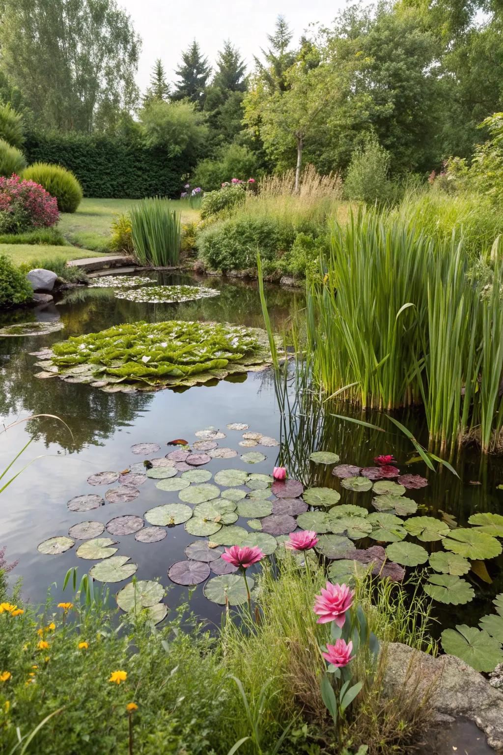 A backyard pond flourishing with water lilies and reeds.